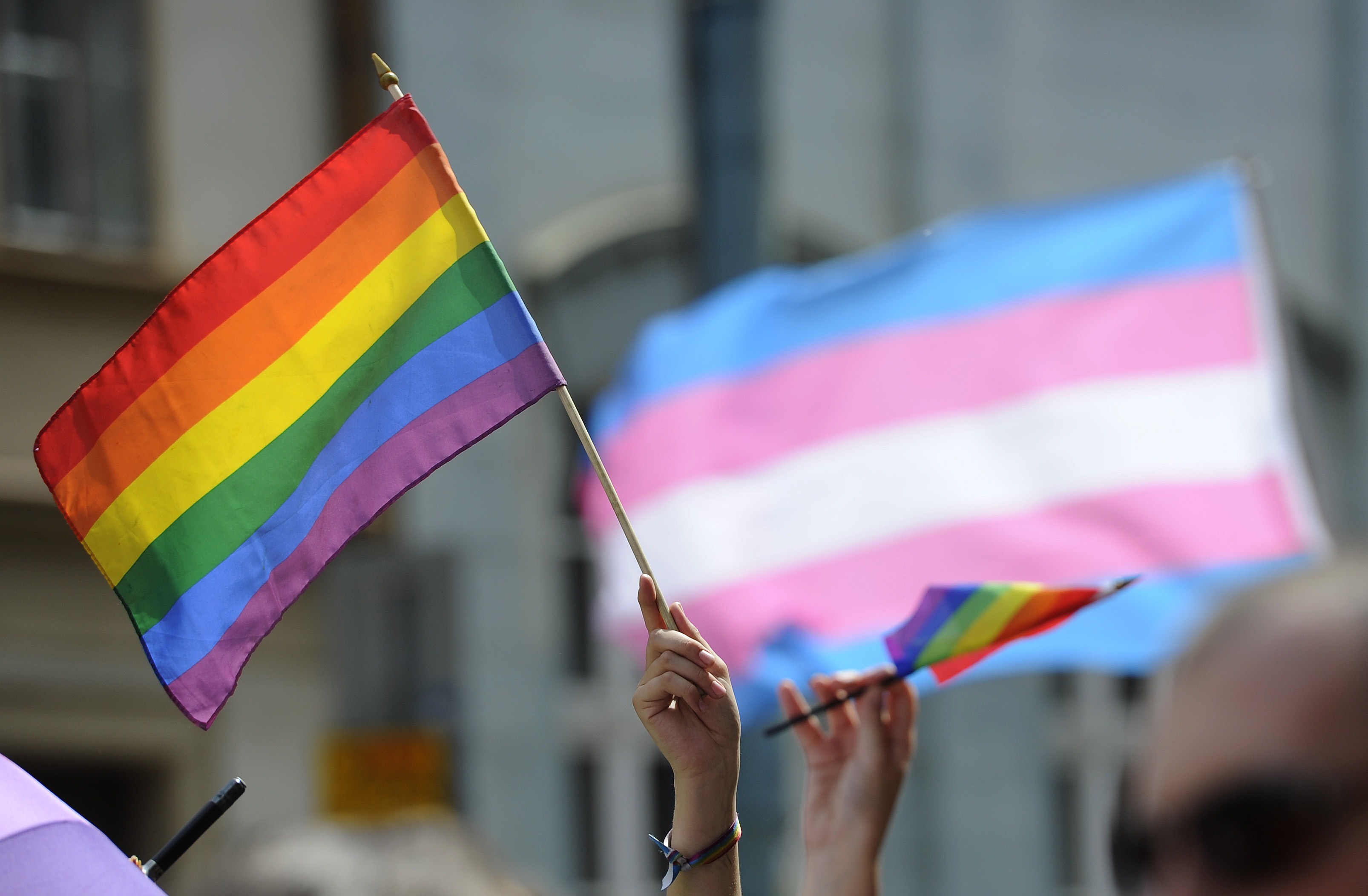 The LGBTQ flag, with the transgender flag in the background.