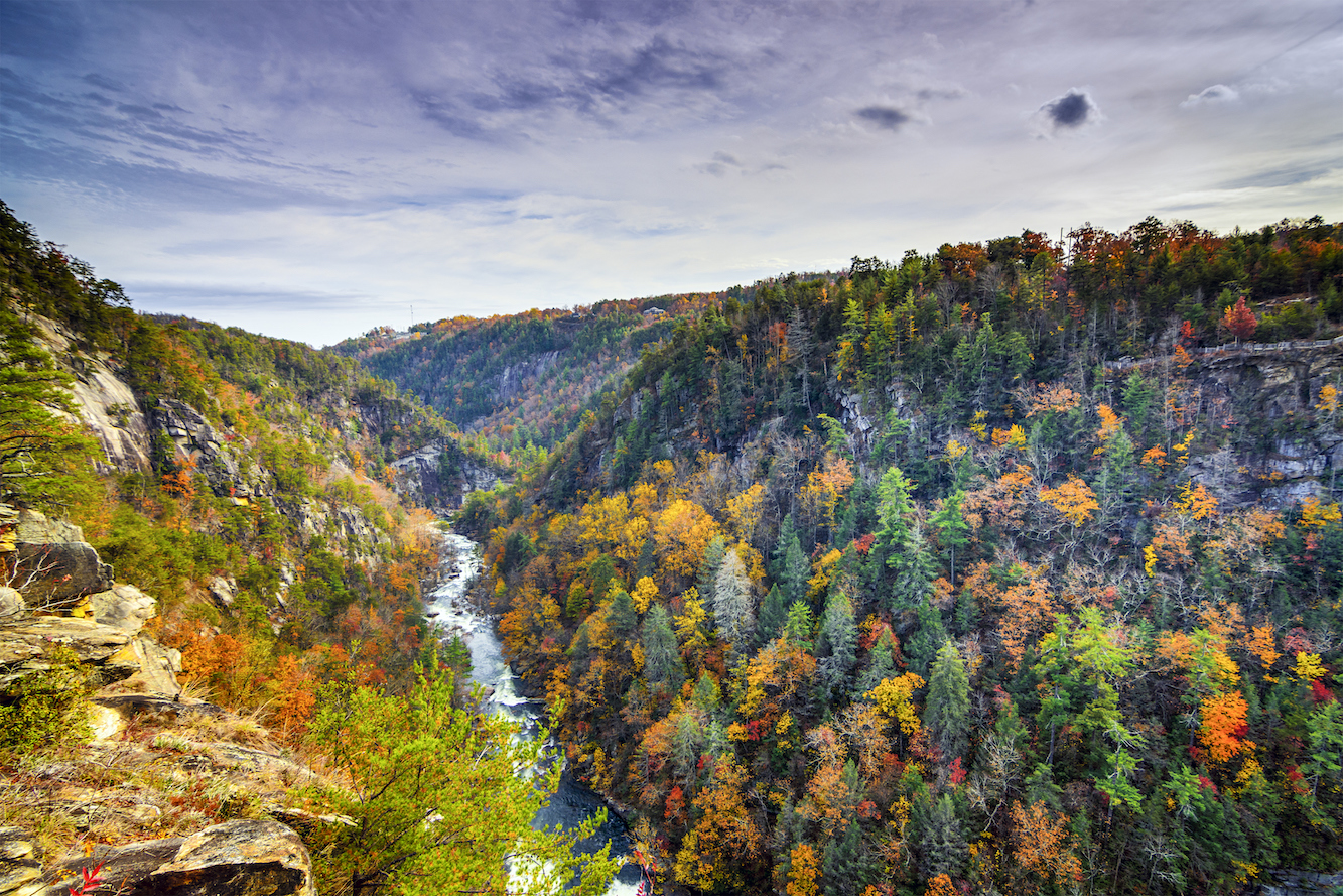 Mountains covered in fall color with river running down the middle.