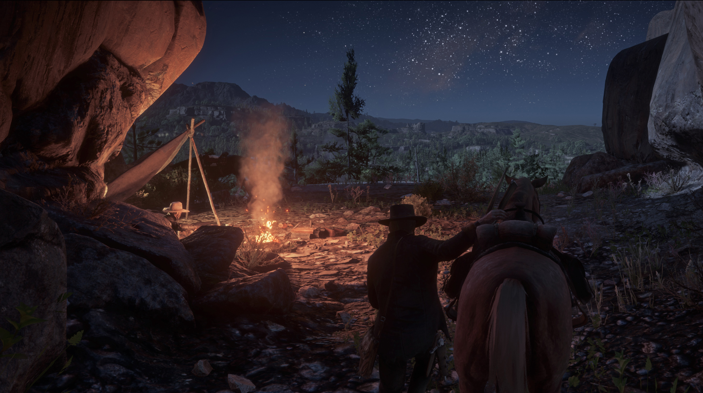 Red Dead Redemption 2 - Arthur approaching a campfire