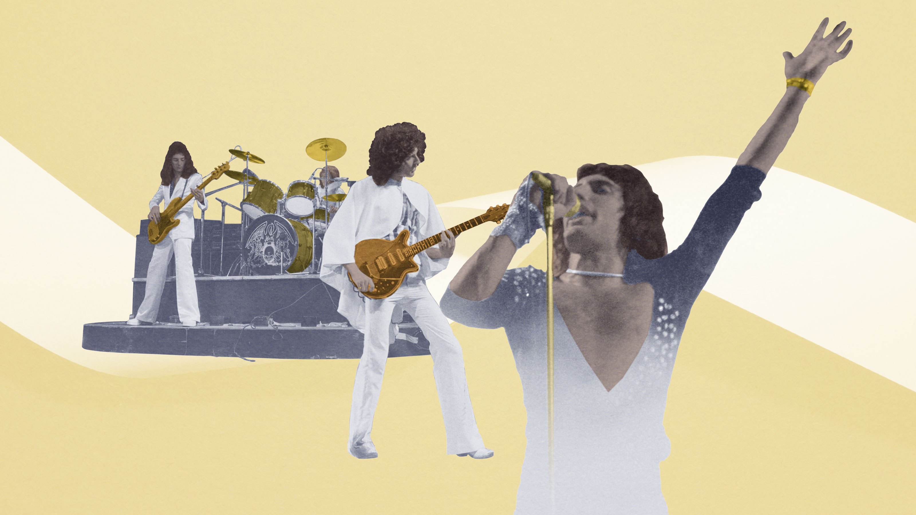 A photo illustration of Queen on stage