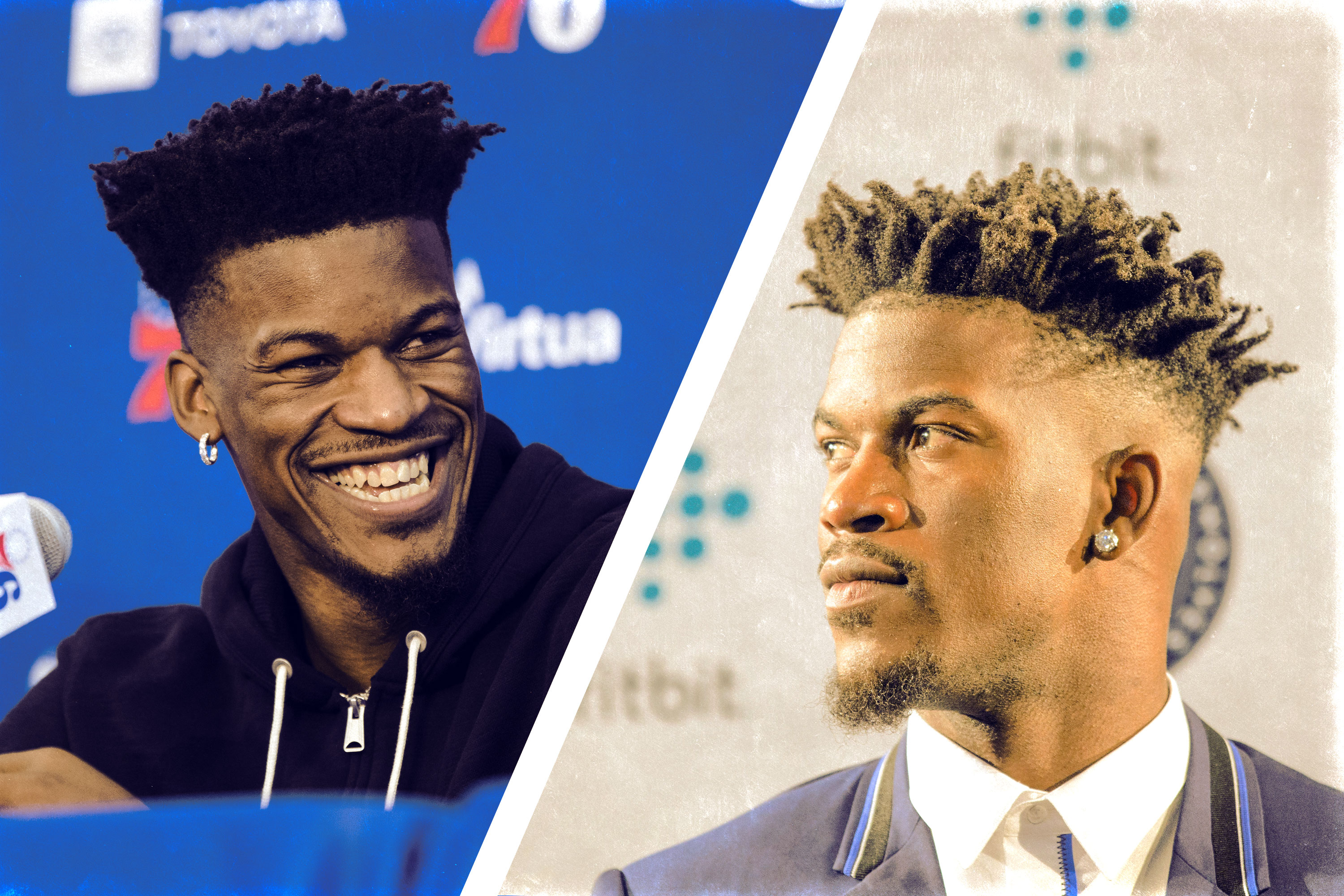 Images of Jimmy Butler at his opening press conferences in both Minnesota and Philadelphia