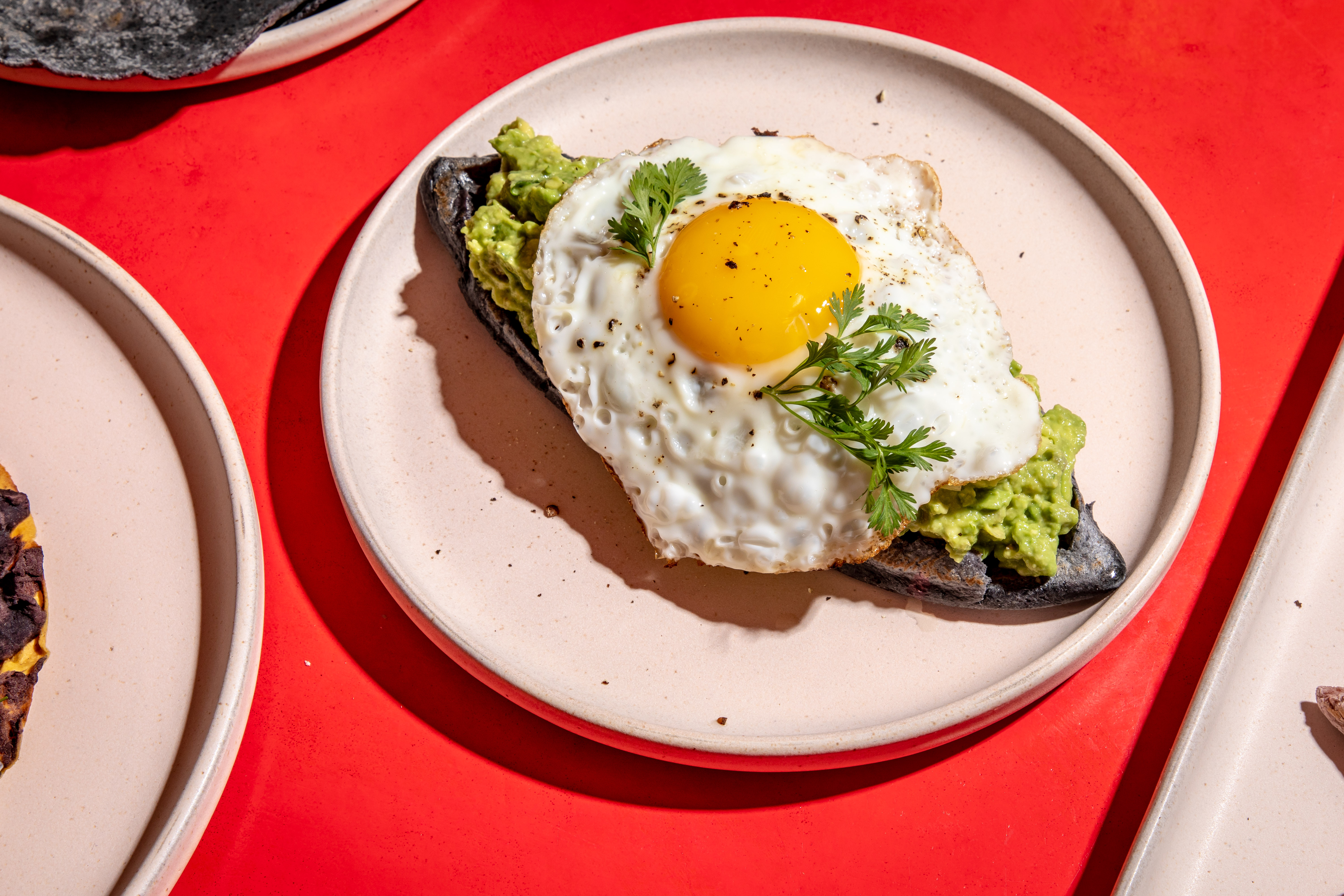 Sunnyside up egg sits atop an avocado memela on a white plate