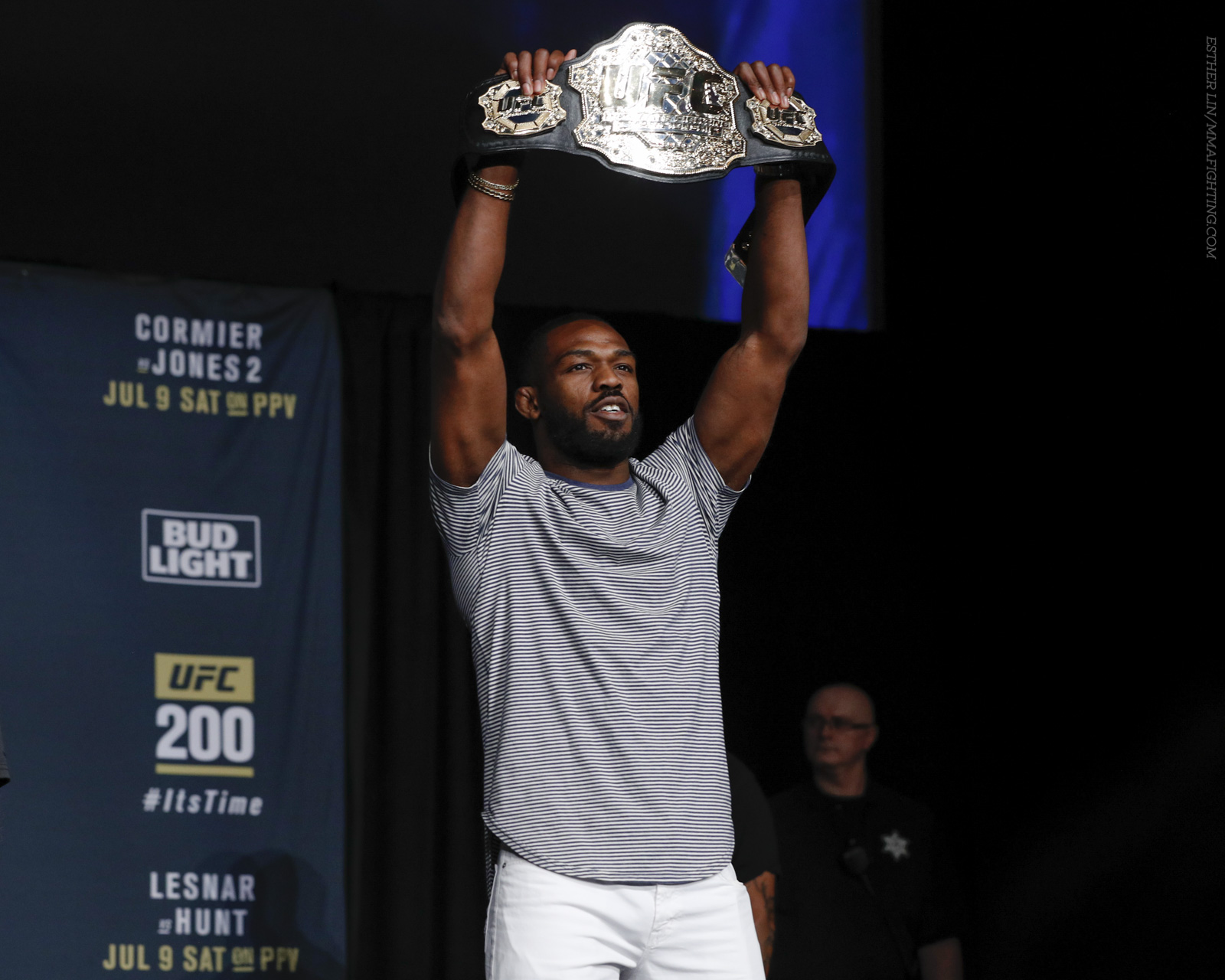 Jon Jones poses with his belt at the UFC 200 press conference Wednesday.