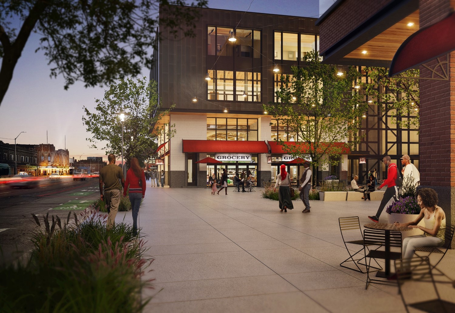 A twilight rendering of a large cement plaza in Jefferson Chalmers with people sitting at tables or walking, surrounded by a several-story building with a red awning.