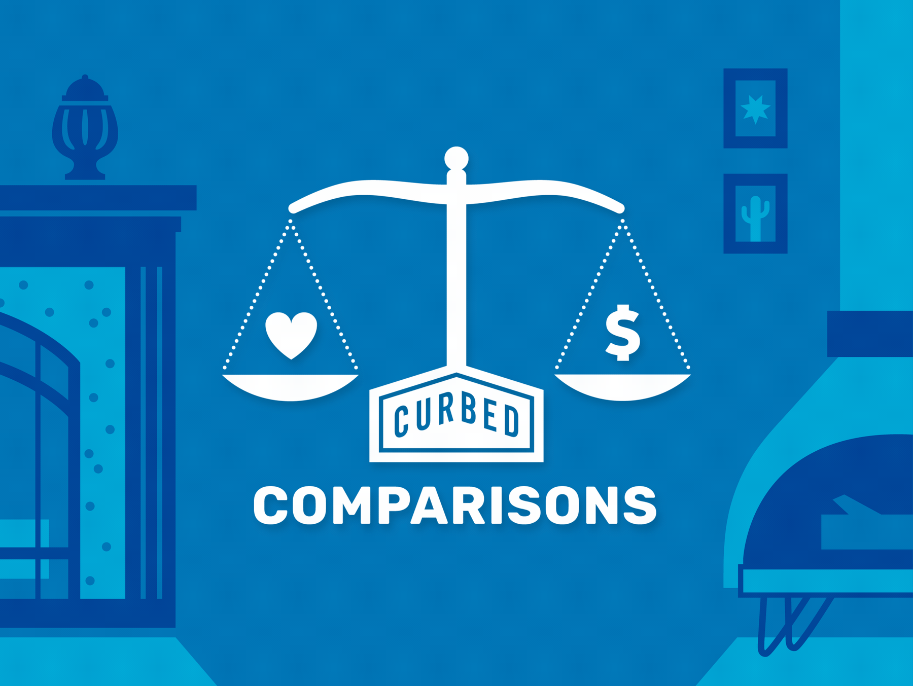 A blue illustration with an old-timey, two-basket scale in the middle with a heart on one side and a dollar sign on the other. On the left is a Craftsman-style fireplace with a mantel, and on the right is a midcentury-futurist fireplace with a conical bot