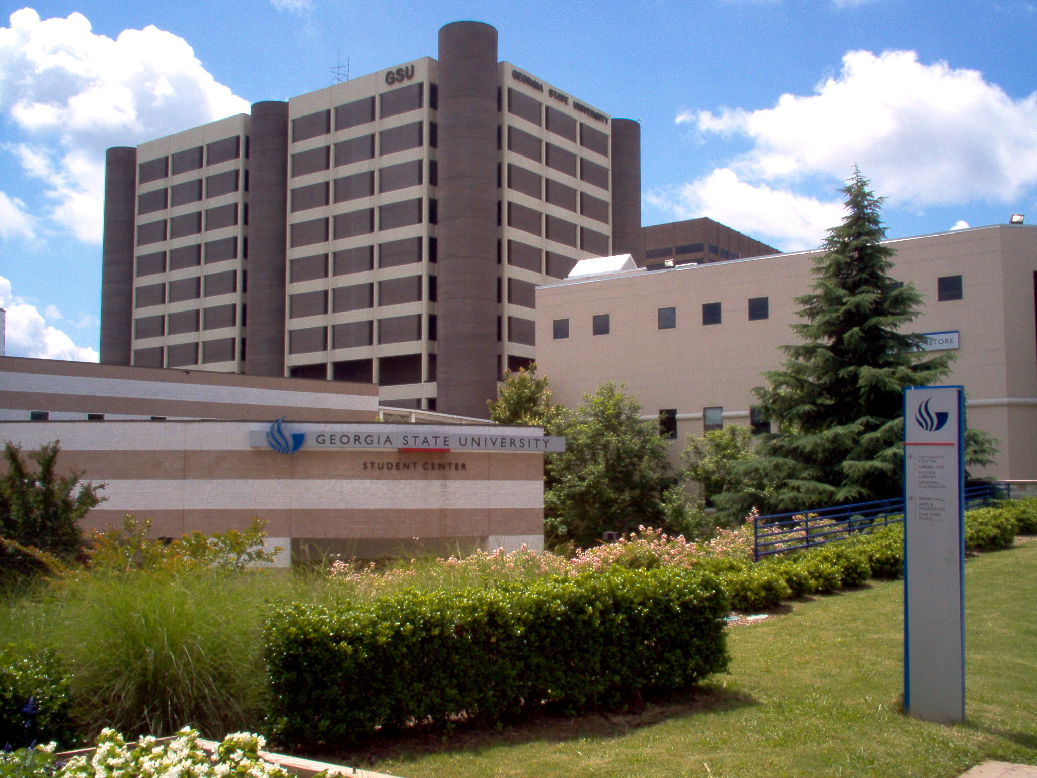Student Center West, at left, holds the offices of many student media organizations.