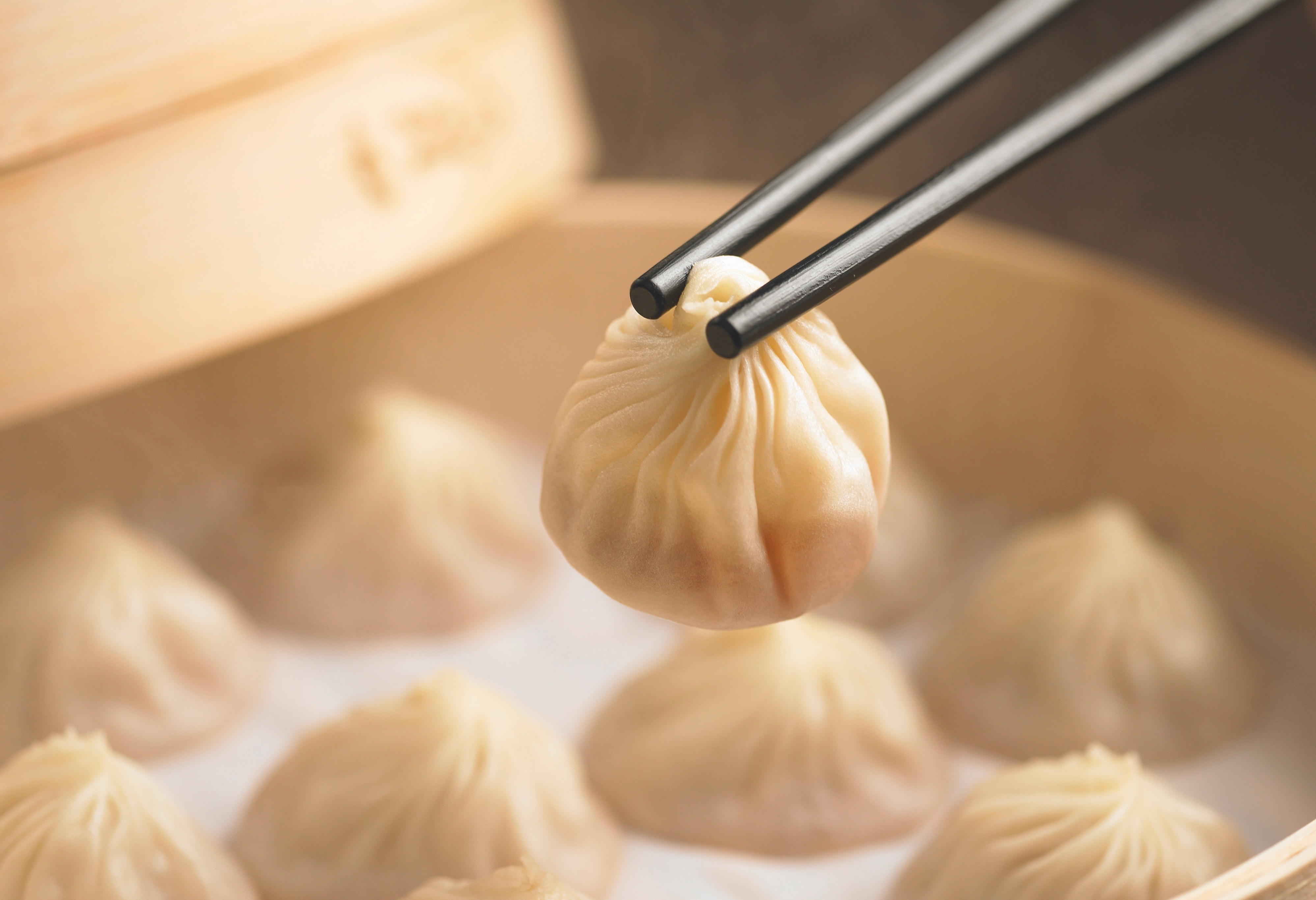 A single xiao long bao being picked up by chopsticks in close focus, with more xiao long bao in a steamer in the background, obscured by bokkeh.