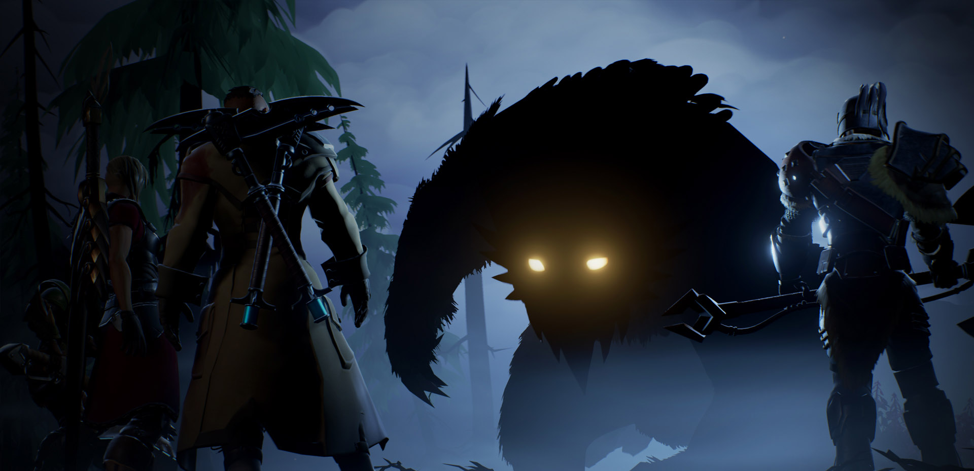 In this screenshot from Dauntless, four heroes stand facing a large creature hidden in shadows. The creatures eyes glow yellow as it crouches down, prepared to attack. The heroes carry a variety of weapons on their backs. Trees and night fog can be seen i
