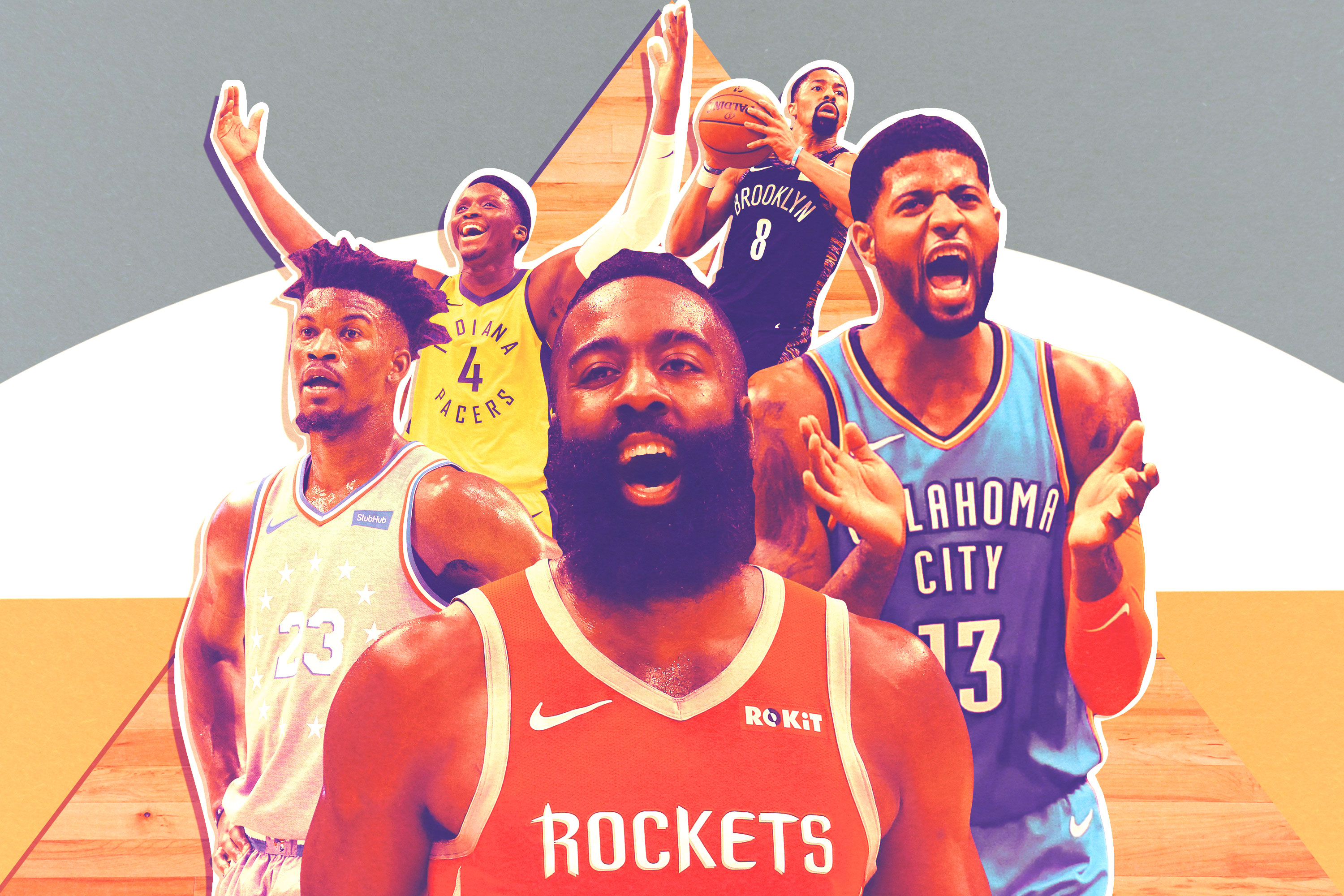 Jimmy Butler, Victor Oladipo, James Harden, Paul George, and Spencer Dinwiddie