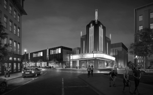 Black and white rendering of movie theater.