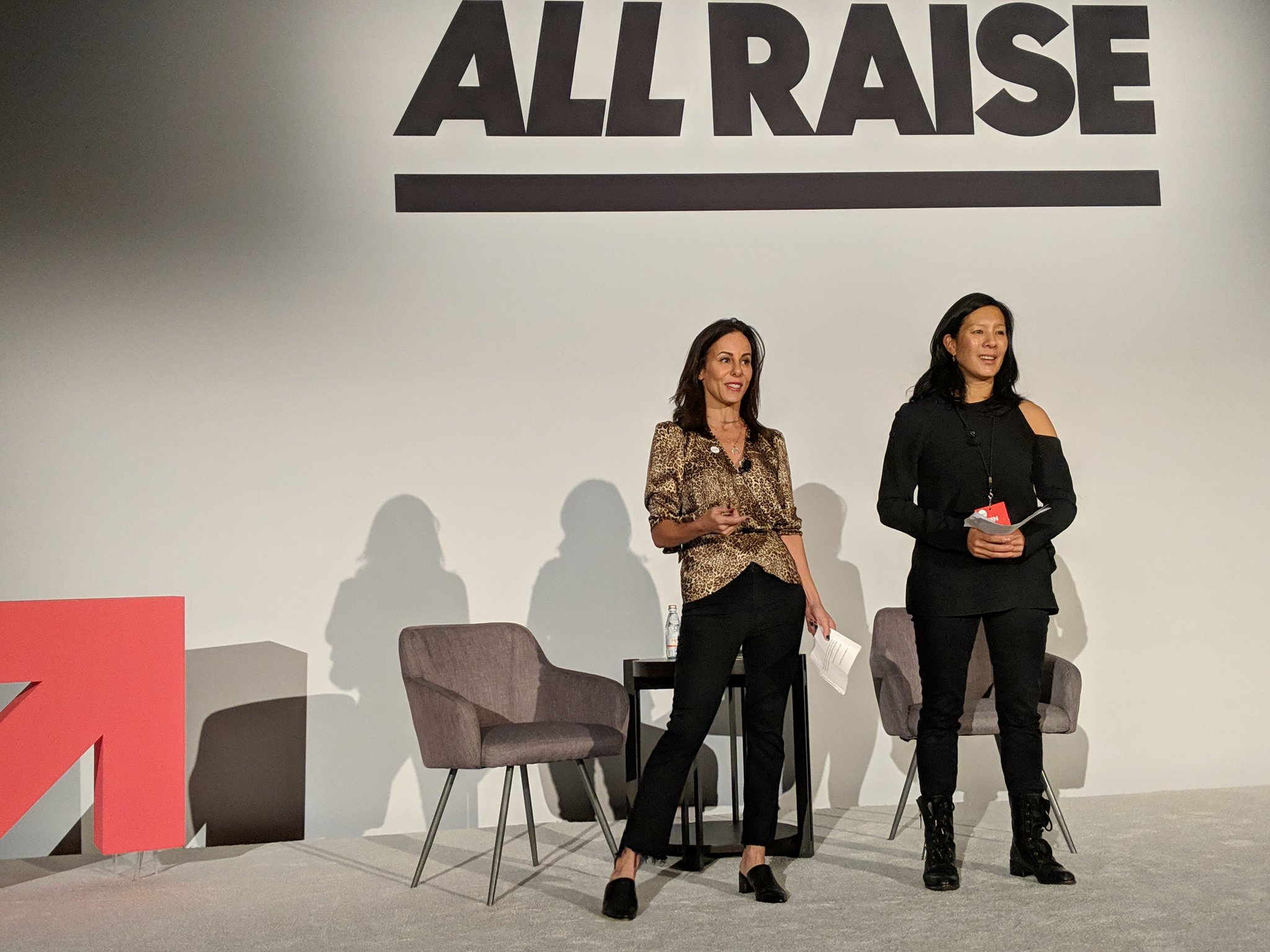 All Raise leaders Jenny Lefcourt and Aileen Lee onstage at the organization’s first conference in November.