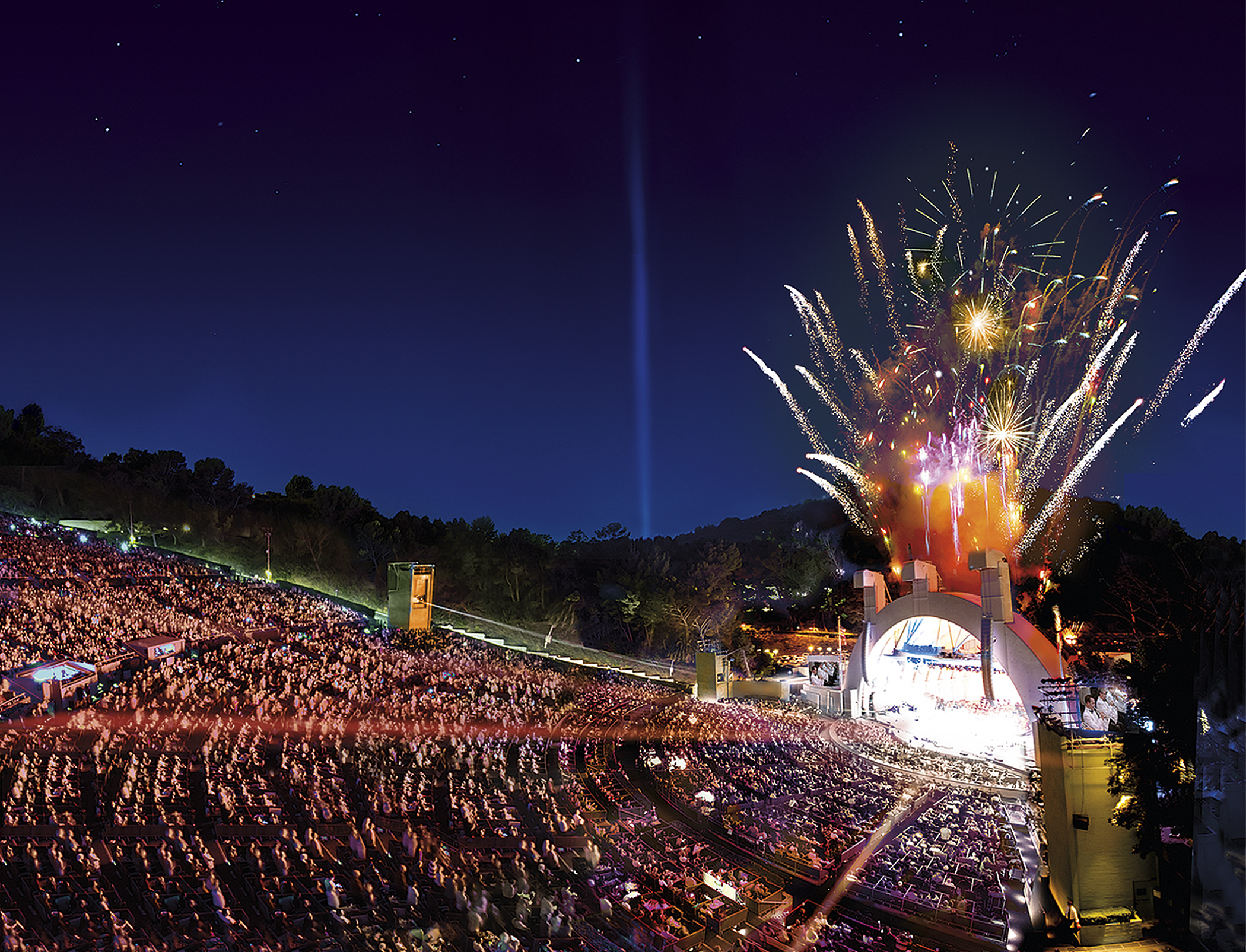 The Hollywood Bowl with fireworks and a full house.