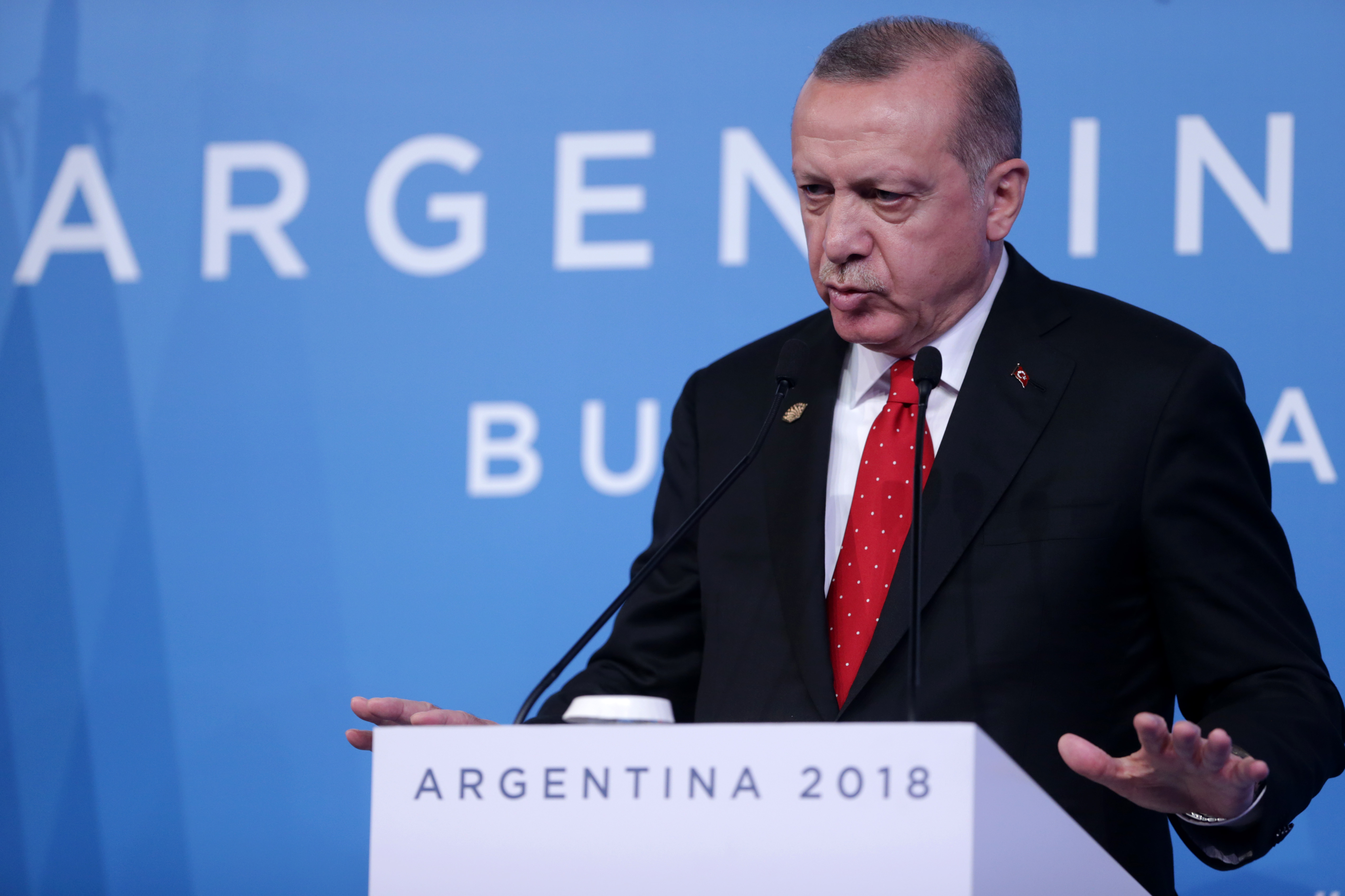 Turkish President Recep Tayyip Erdogan addresses the press during in Argentina on December 01, 2018.