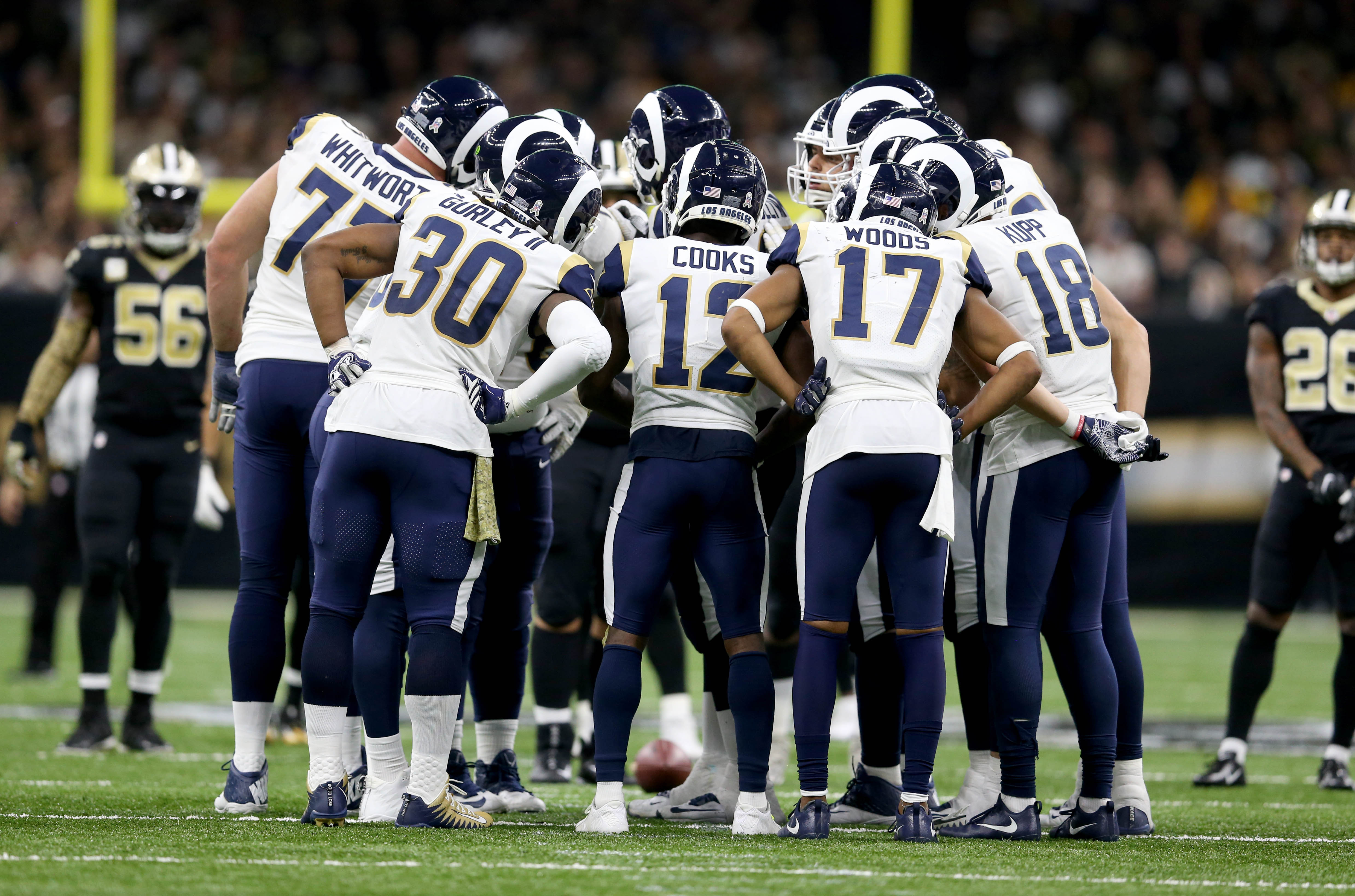 The Los Angeles Rams in their offensive huddle against the New Orleans Saints, Nov. 4, 2018.