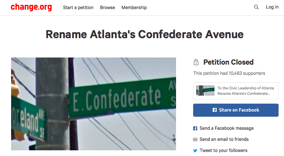 A Change.org petition, now closed, that collected more than 10,500 signatures in calling Grant Park’s Confederate Avenue a vestige of hate.