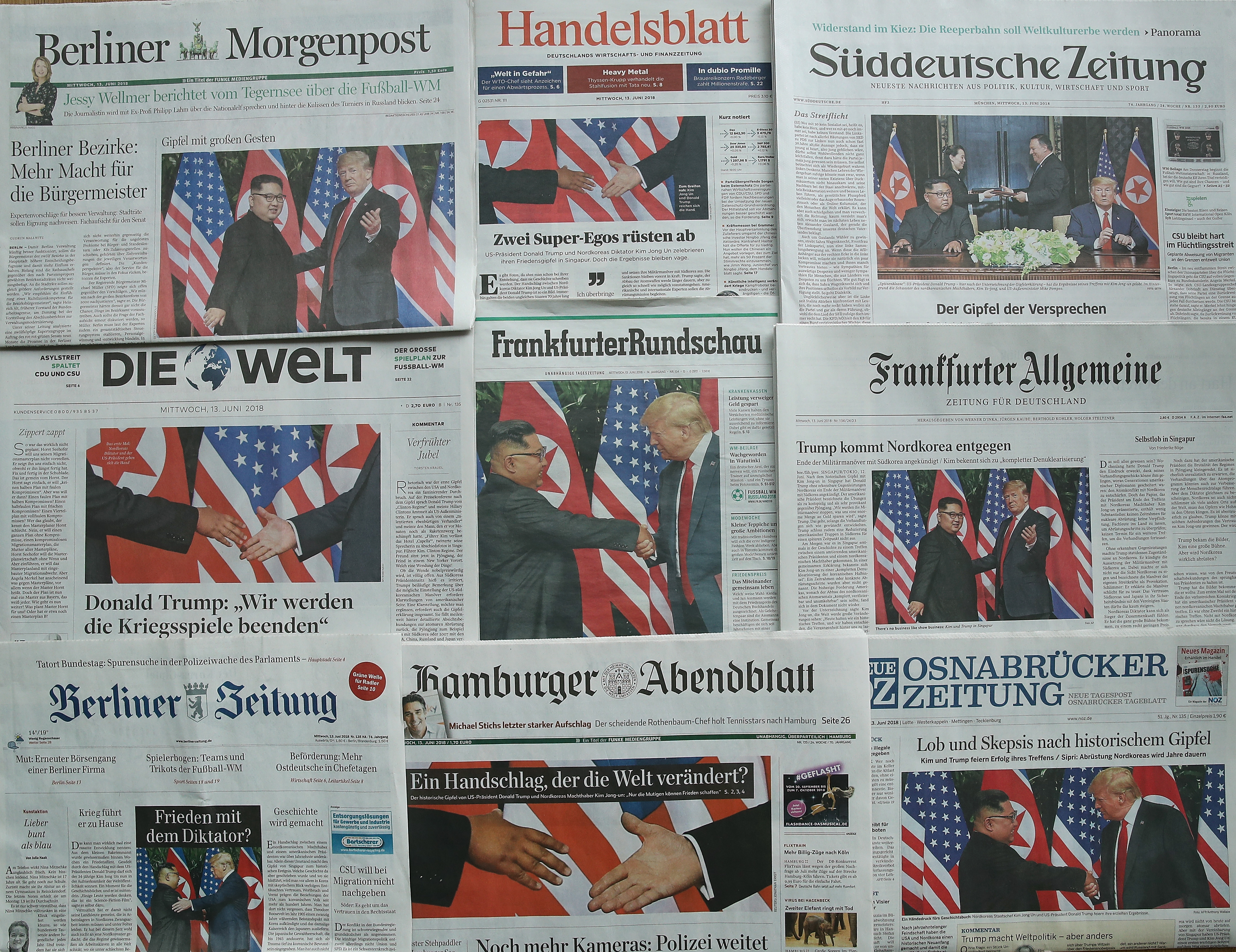 German newspapers cover President Donald Trump’s summit with North Korean leader Kim Jong Un on June 12, 2018.