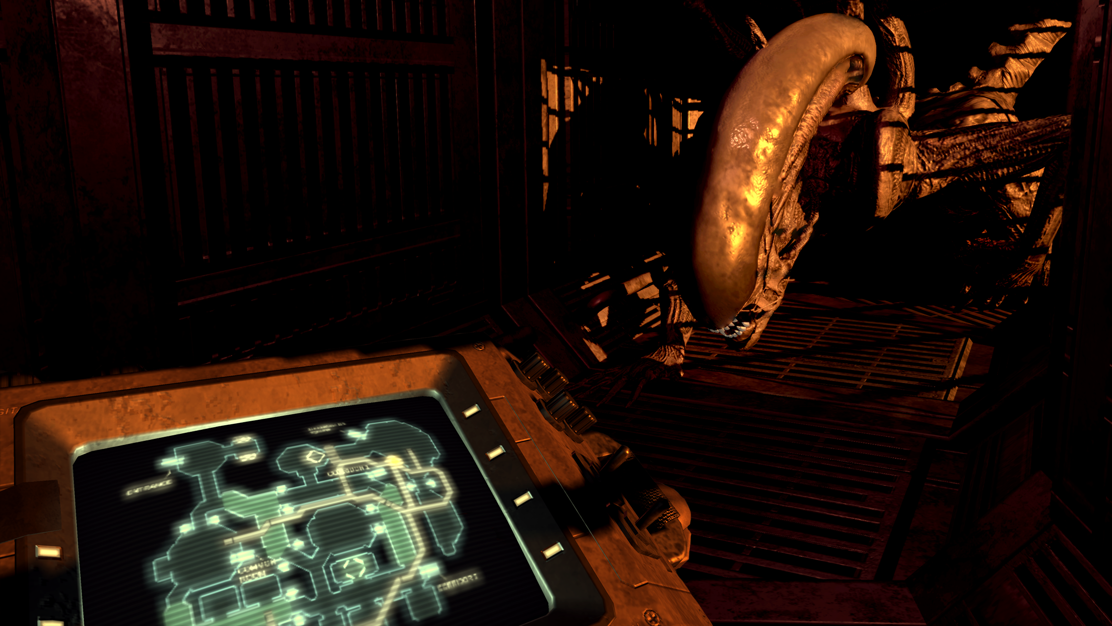 Alien: Blackout - Xenomorph approaching control panel in dark hallway