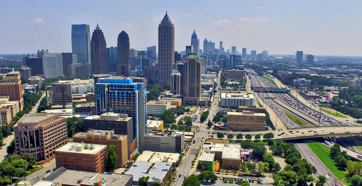 A photo of the Midtown Atlanta skyline, per a drone.