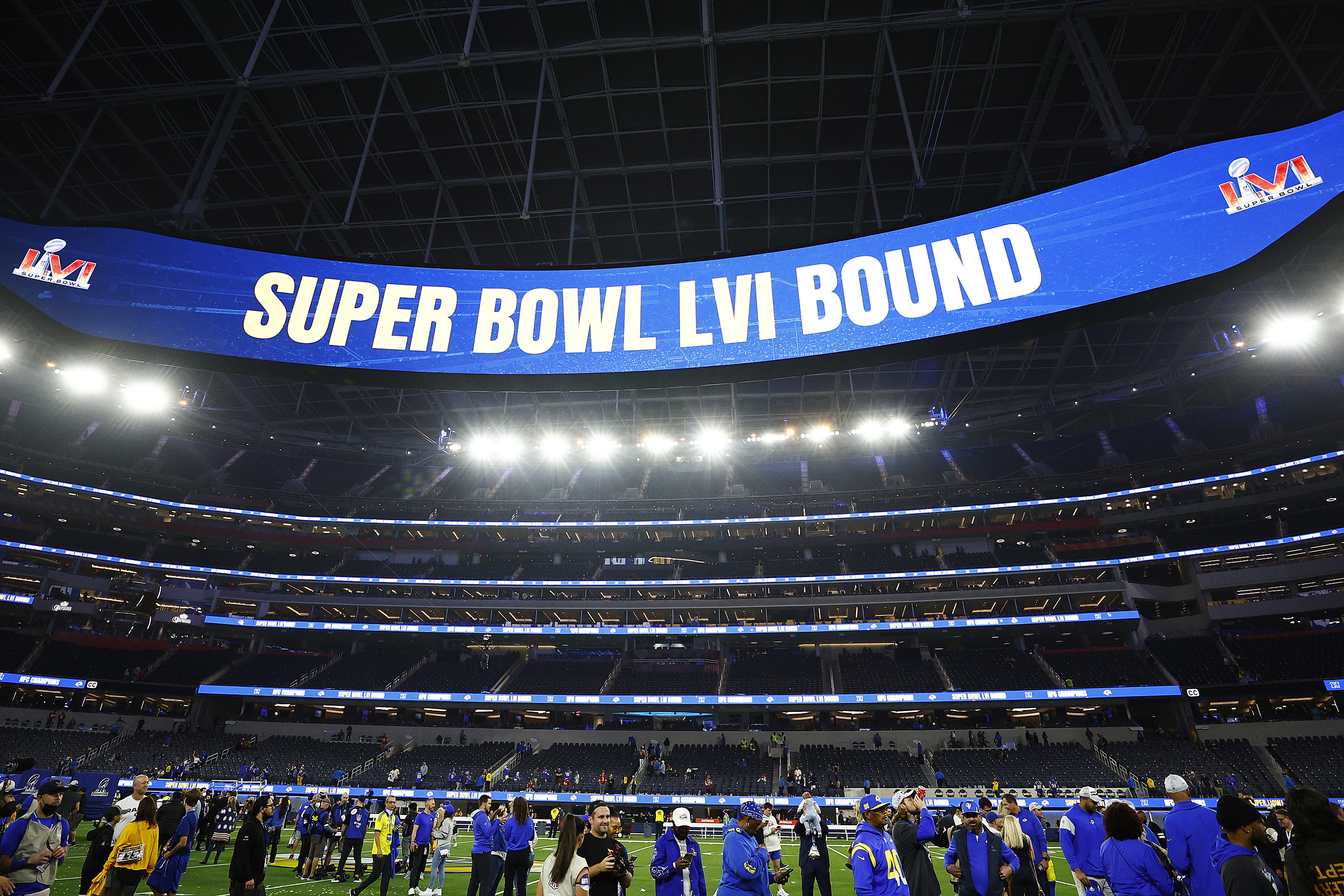 A blue banner at the SoFi stadium in Los Angeles reads “Super Bowl LVI Bound”