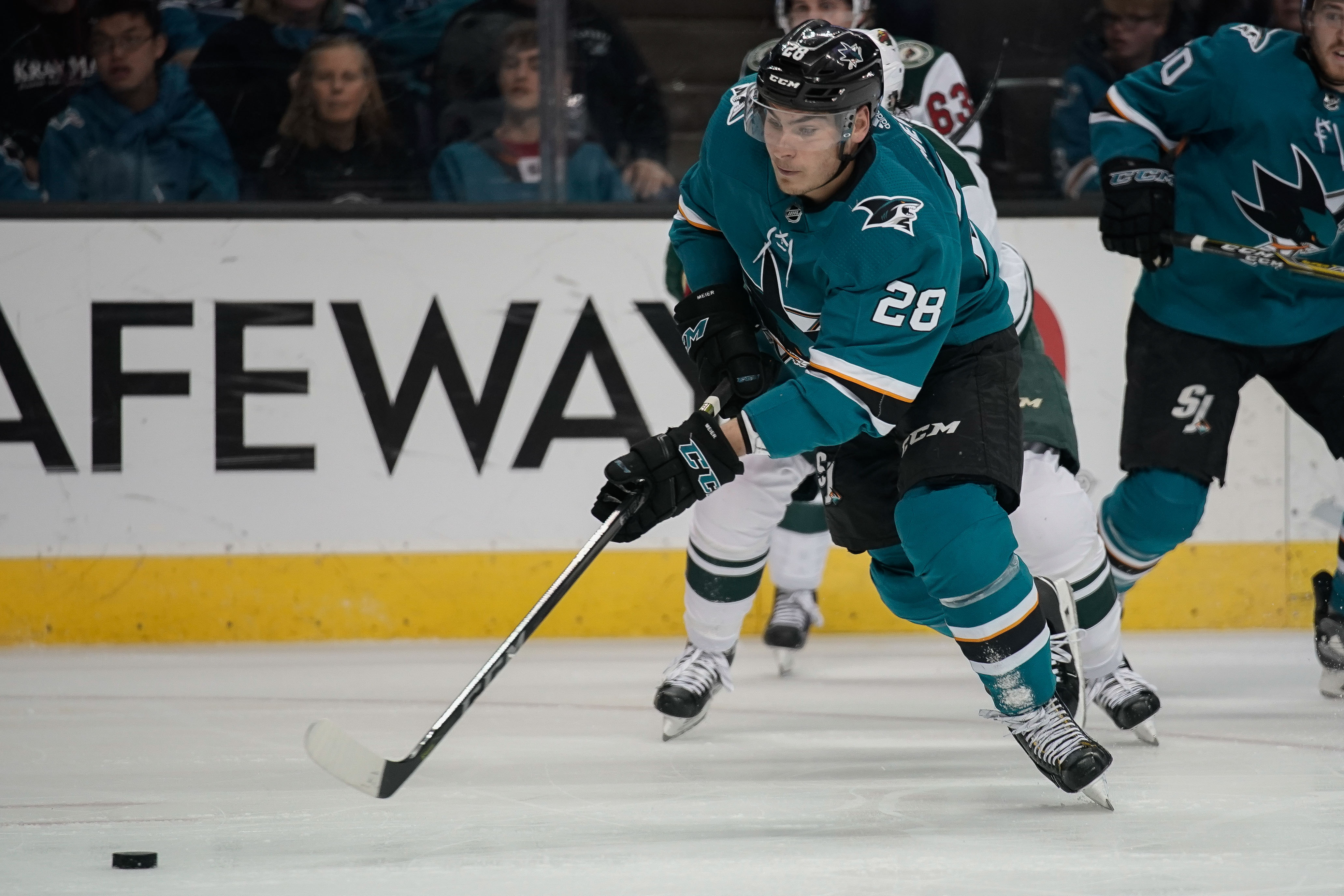 Apr 7, 2018; San Jose, CA, USA; San Jose Sharks right wing Timo Meier (28) controls the puck against the Minnesota Wild during the second period at SAP Center at San Jose.