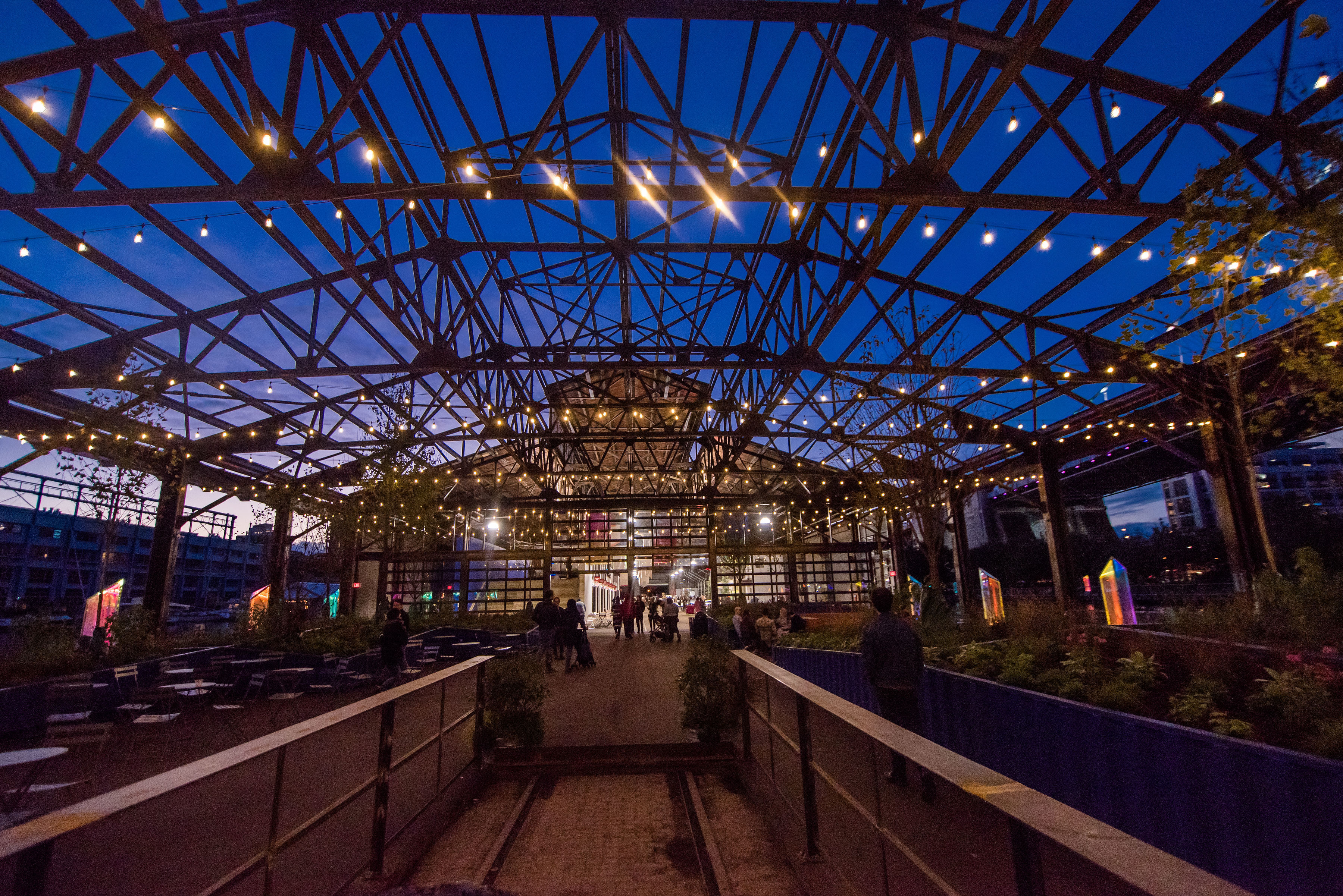 An outdoor area in Philadelphia with lights and an arched skylight.