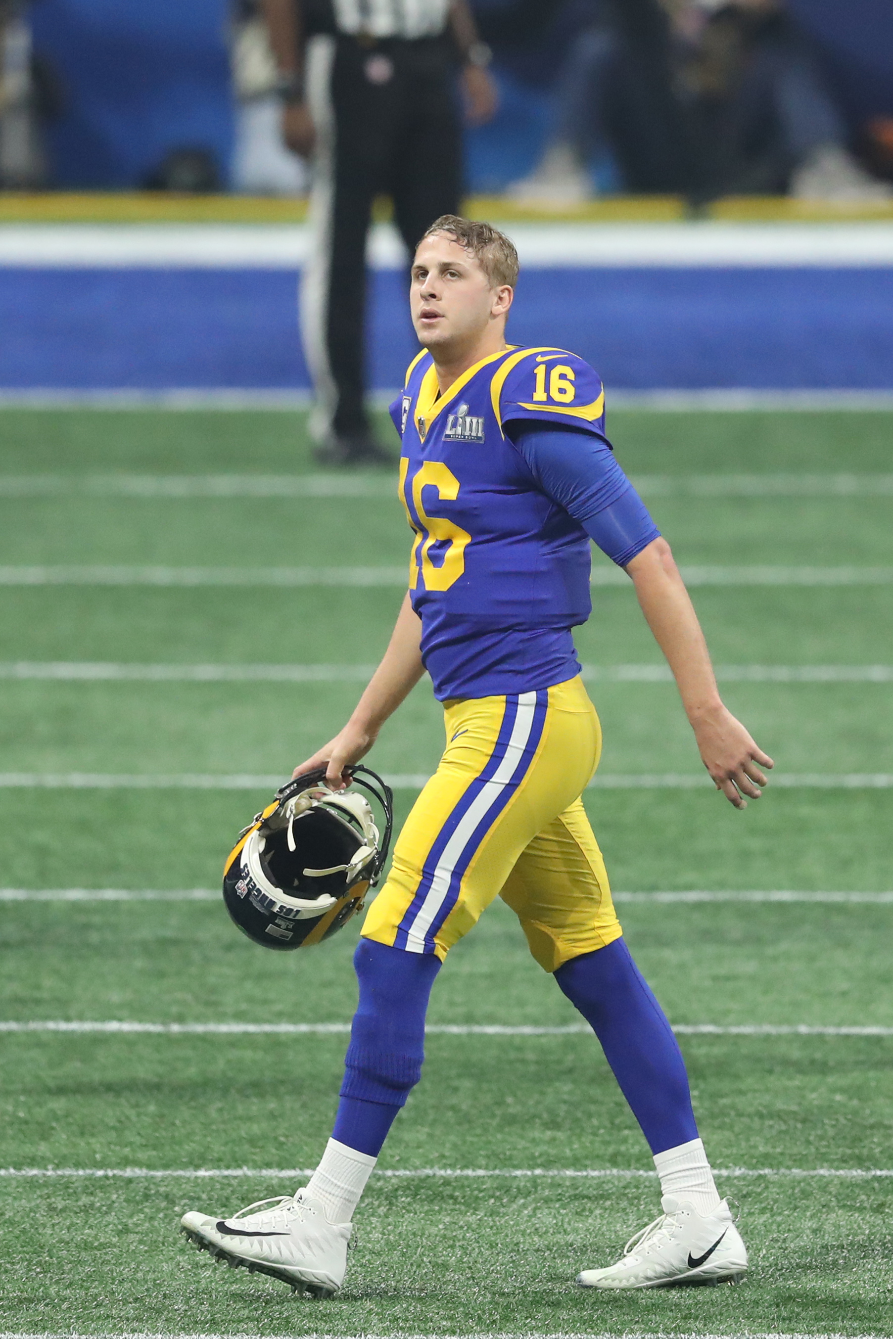 Los Angeles Rams QB Jared Goff walks off the field after throwing an interception against the New England Patriots during Super Bowl LIII, Feb. 3, 2019.