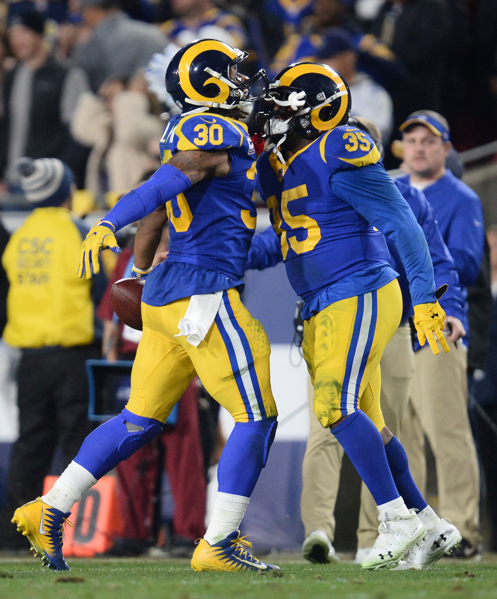 Los Angeles Rams RB Todd Gurley celebrates with RB C.J. Anderson after scoring a touchdown against the Dallas Cowboys in the Divisional Round of the 2019 NFL Playoffs, Jan. 12, 2019.