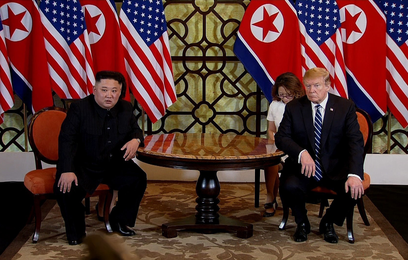 President Donald Trump and North Korean leader Kim Jong-un during their second summit meeting on February 28, 2019 in Hanoi, Vietnam.&nbsp;