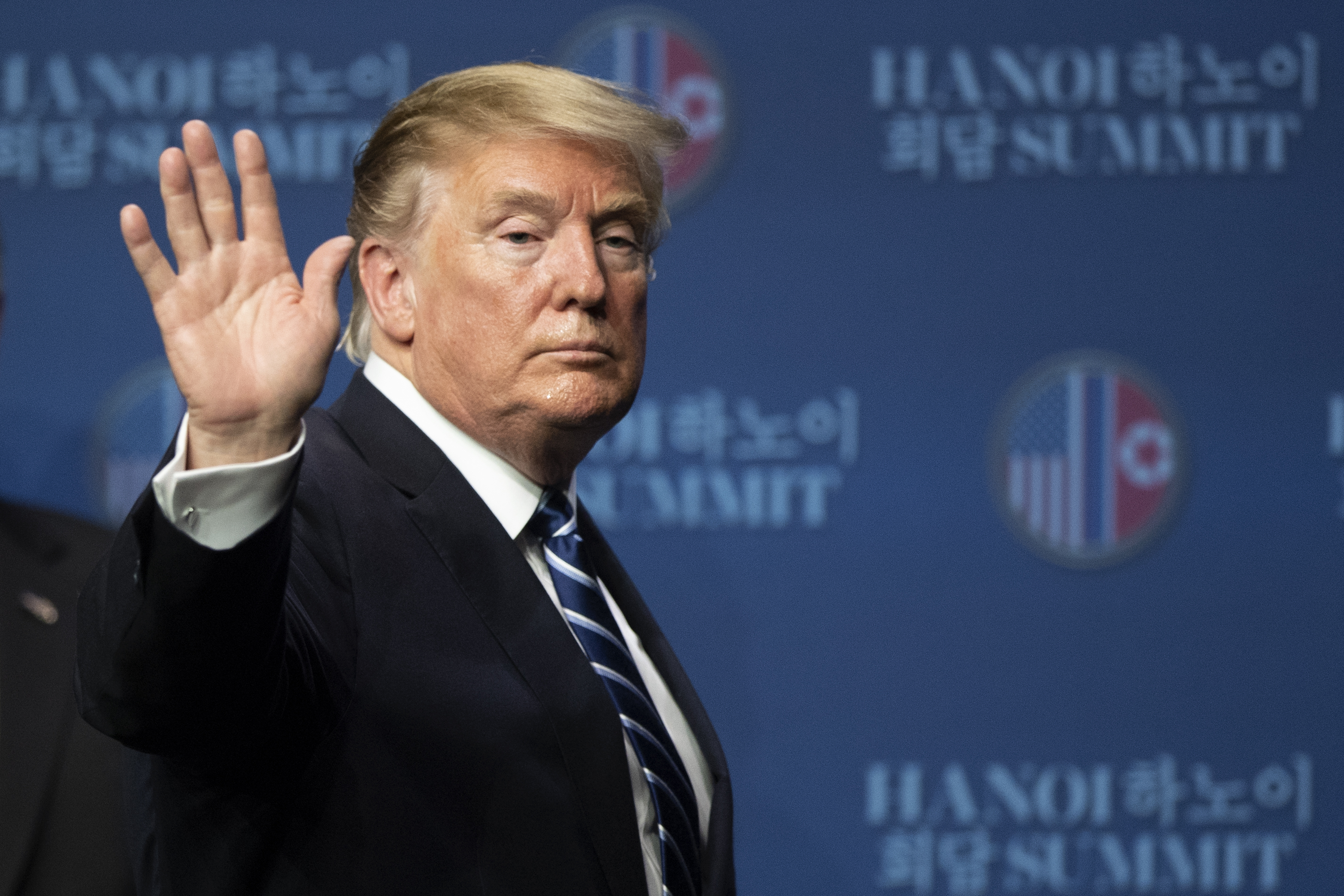 President Donald Trump attends a news conference following his second summit meeting with North Korean leader Kim Jong Un on February 28, 2019 in Hanoi, Vietnam.