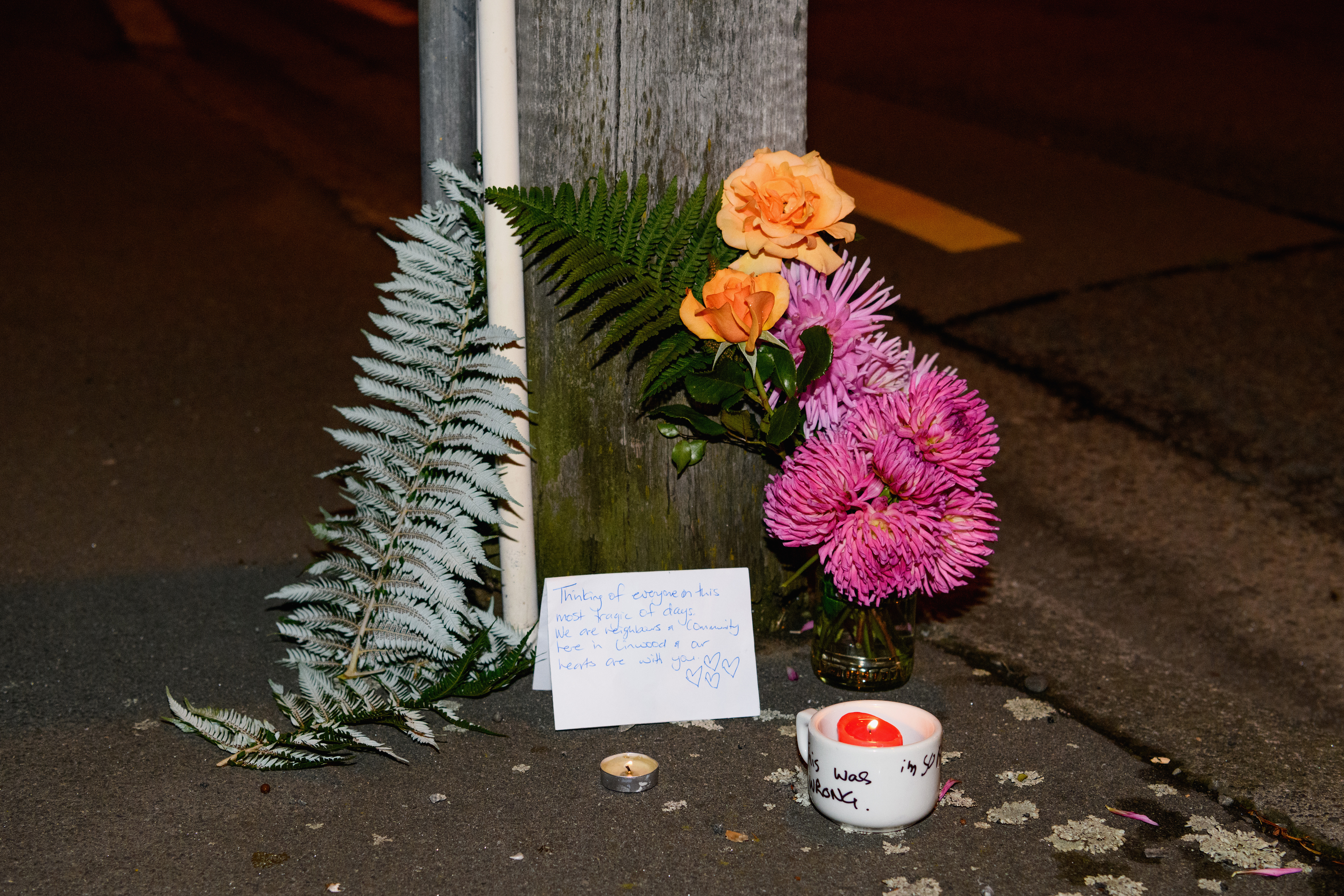 A floral tribute is seen on Linwood Avenue near the Linwood Mosque on March 15, 2019, in Christchurch, New Zealand.