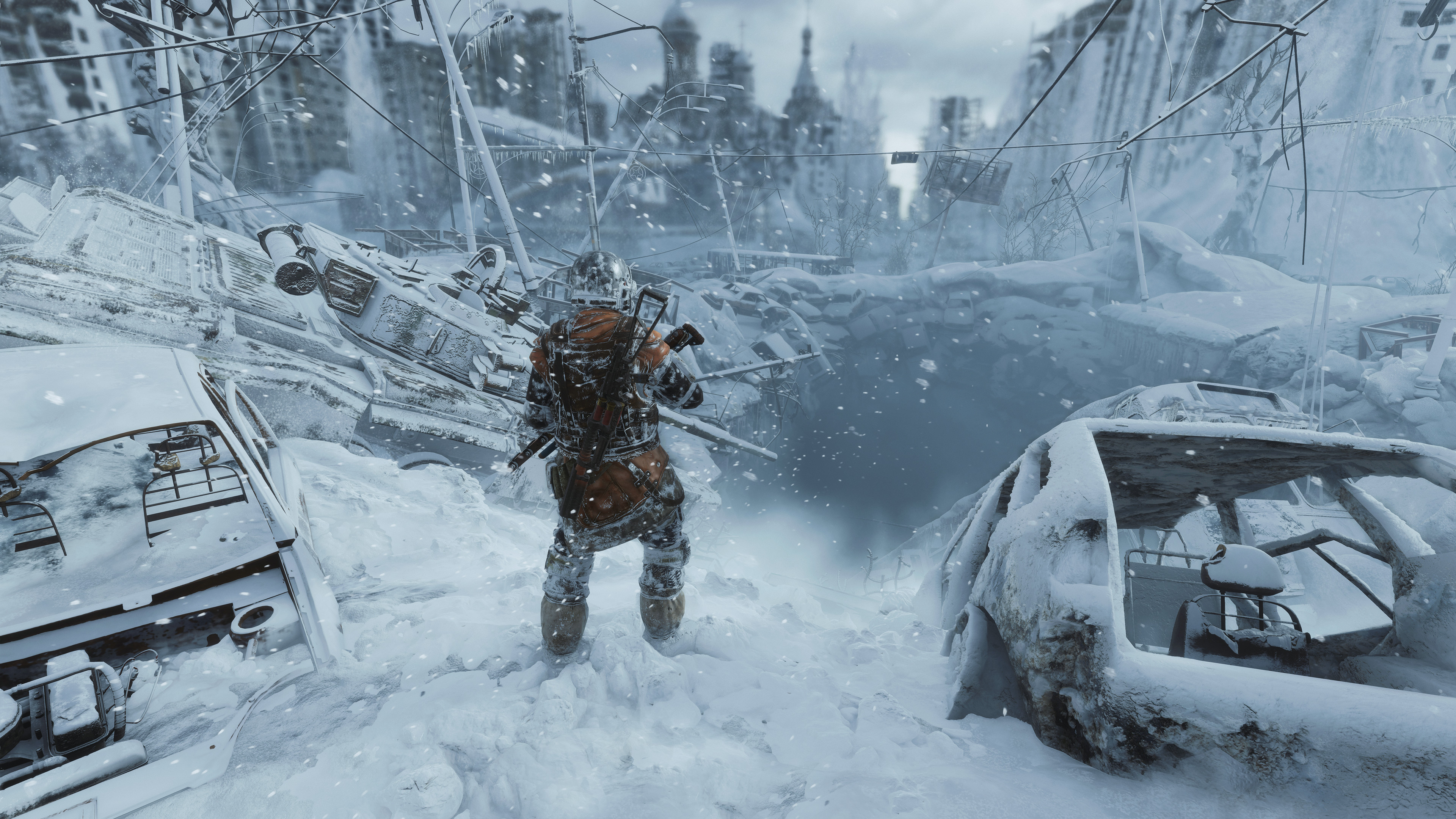 A soldier stands in a snow-covered city in a screenshot from Metro Exodus.