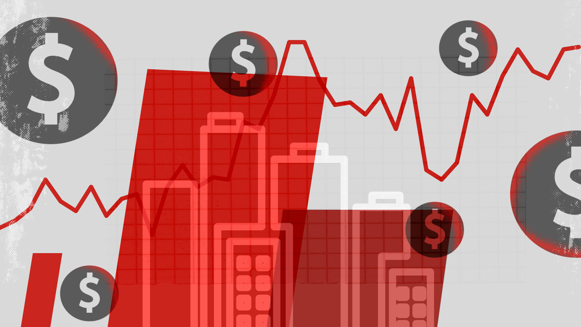 An illustration depicting dollar signs and a city skyline.