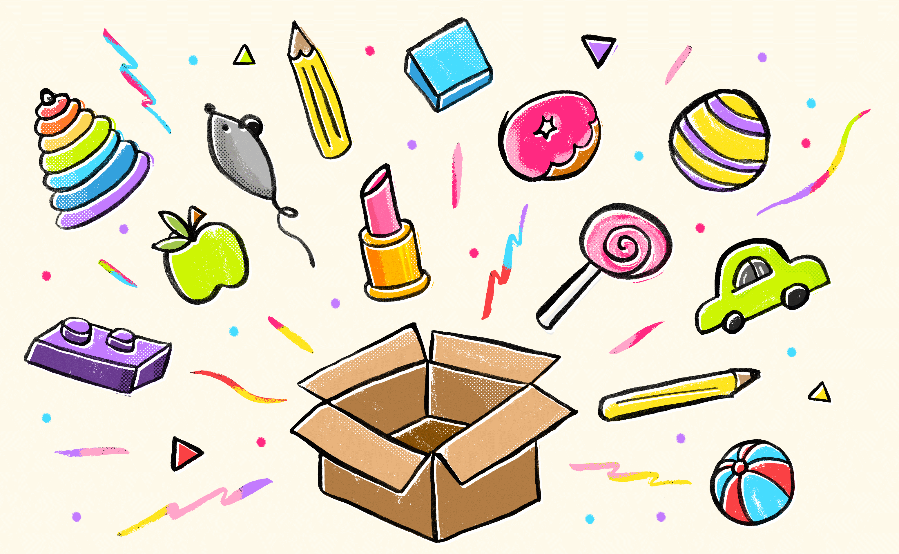 Various objects, including a pencil, ball, and lipstick, burst out of an open box.
