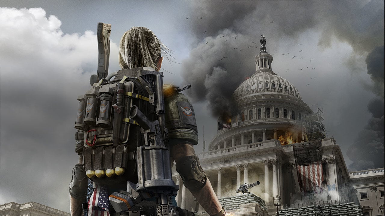The Division 2 - soldier looking up at the Capitol building on fire