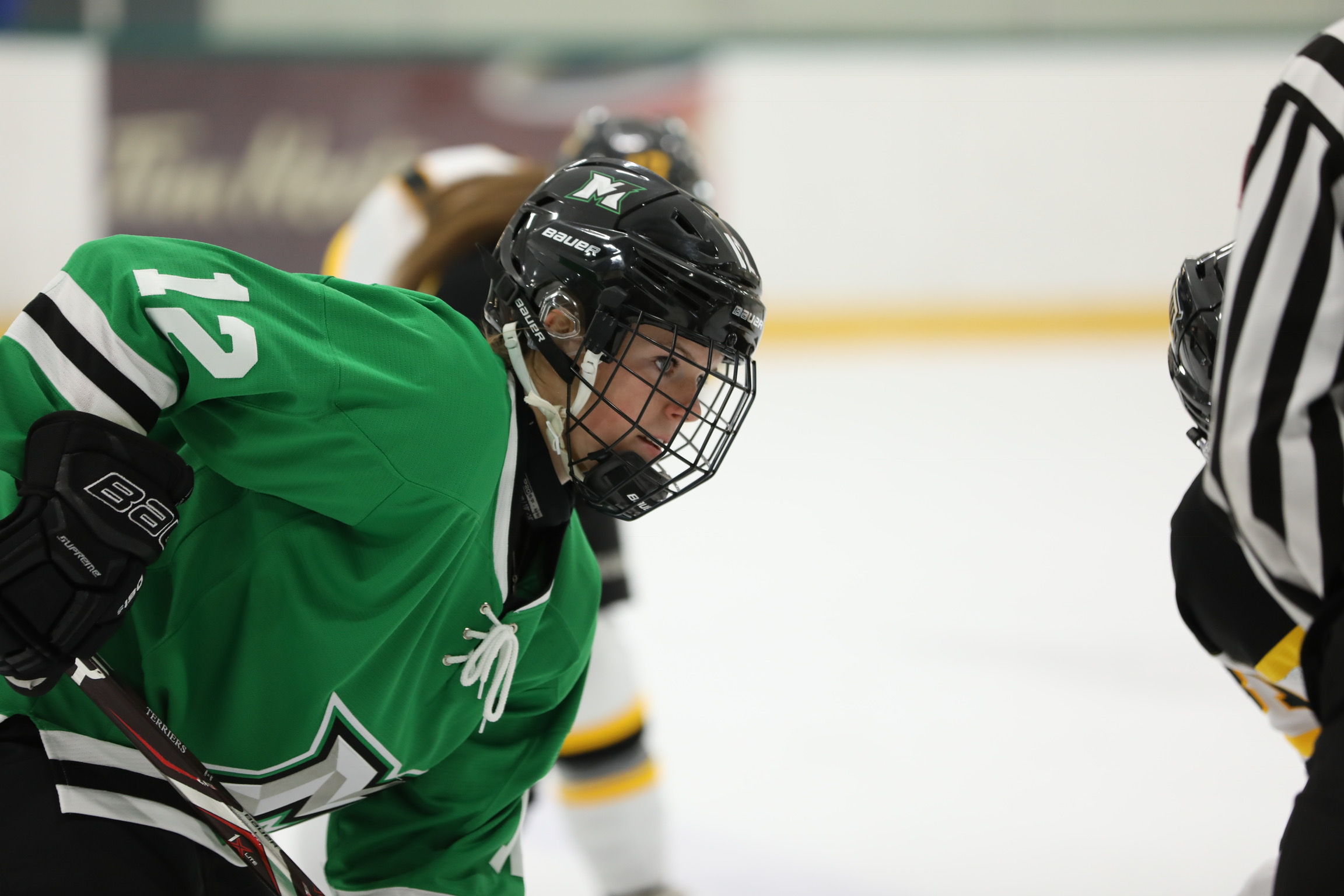 Victoria Bach (#12) of the Markham Thunder waits for a faceoff.