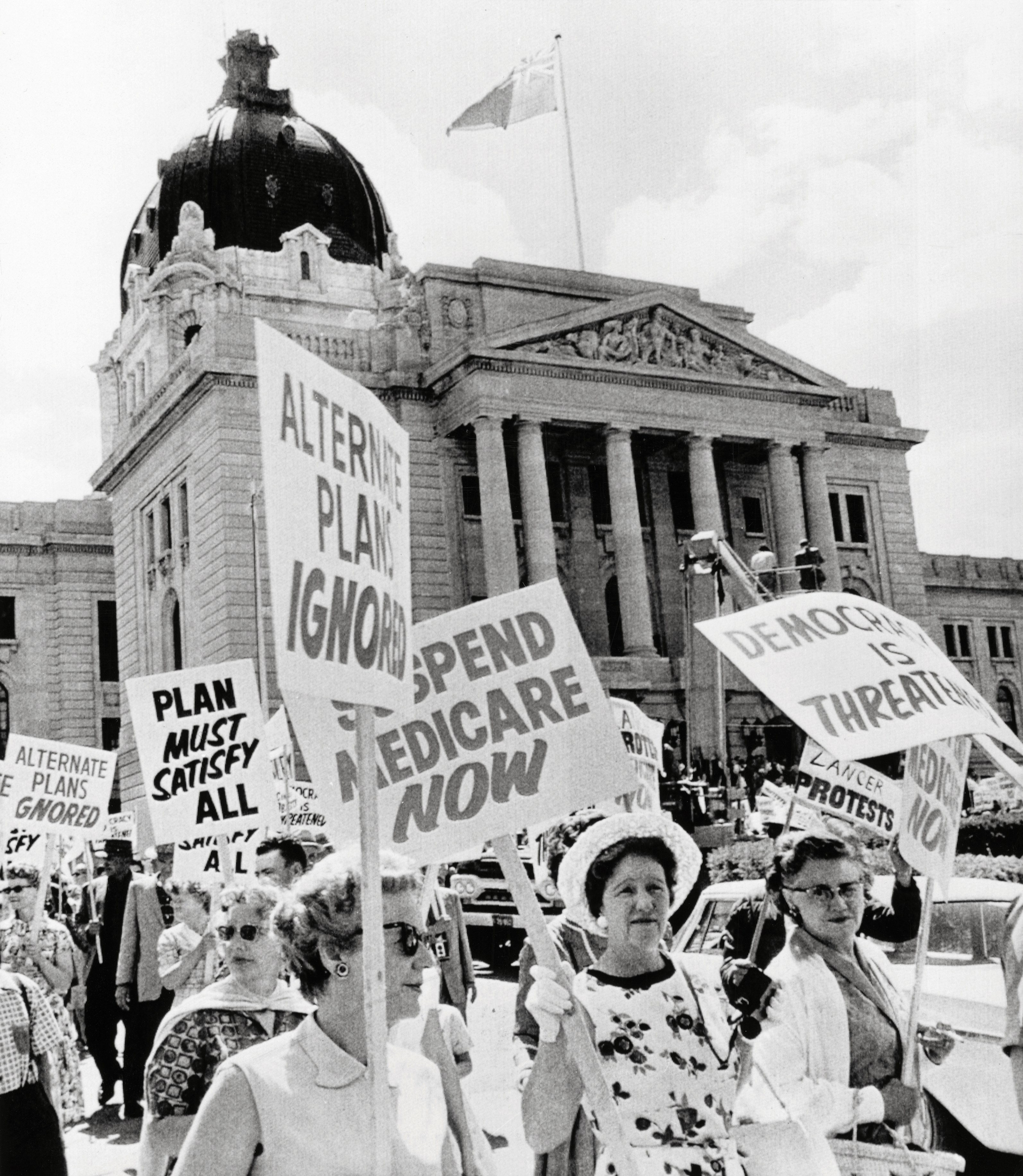 Thousands of anti-government protestors rallied against Medicare in Regina, Saskatchewan, on July 11, 1962, in Canada.