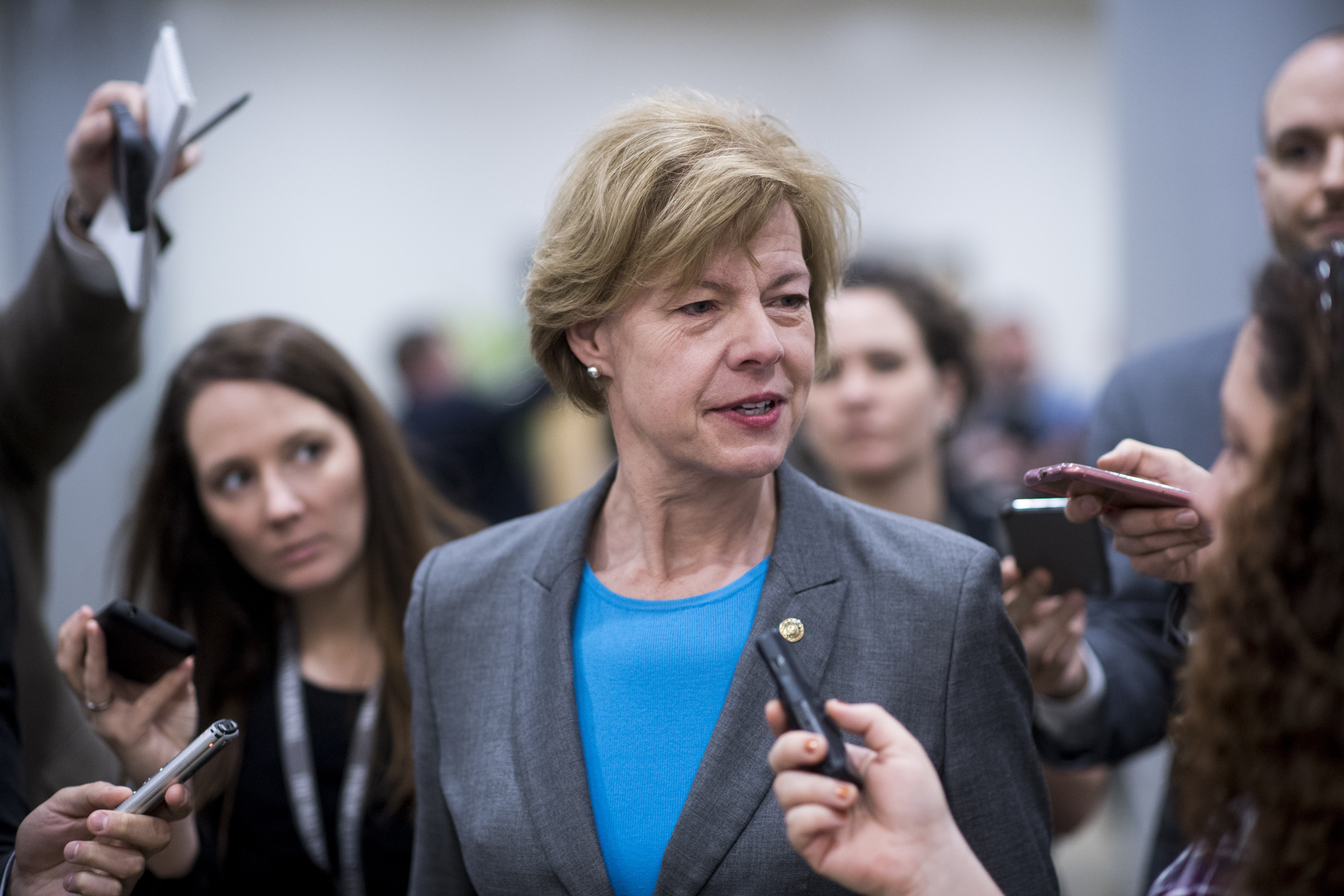 Sen. Tammy Baldwin (D-WI) speaks with reporters outside the Capitol.