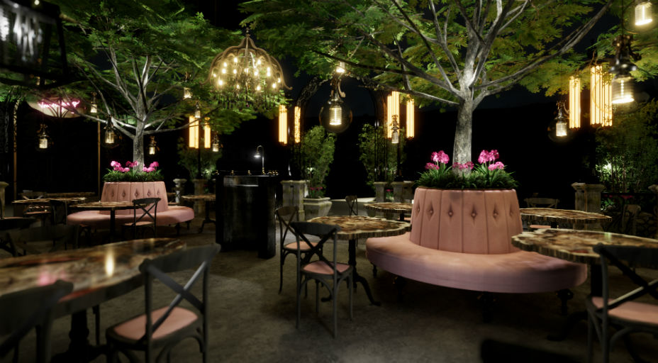A gardenlike cocktail bar with pink suede seating