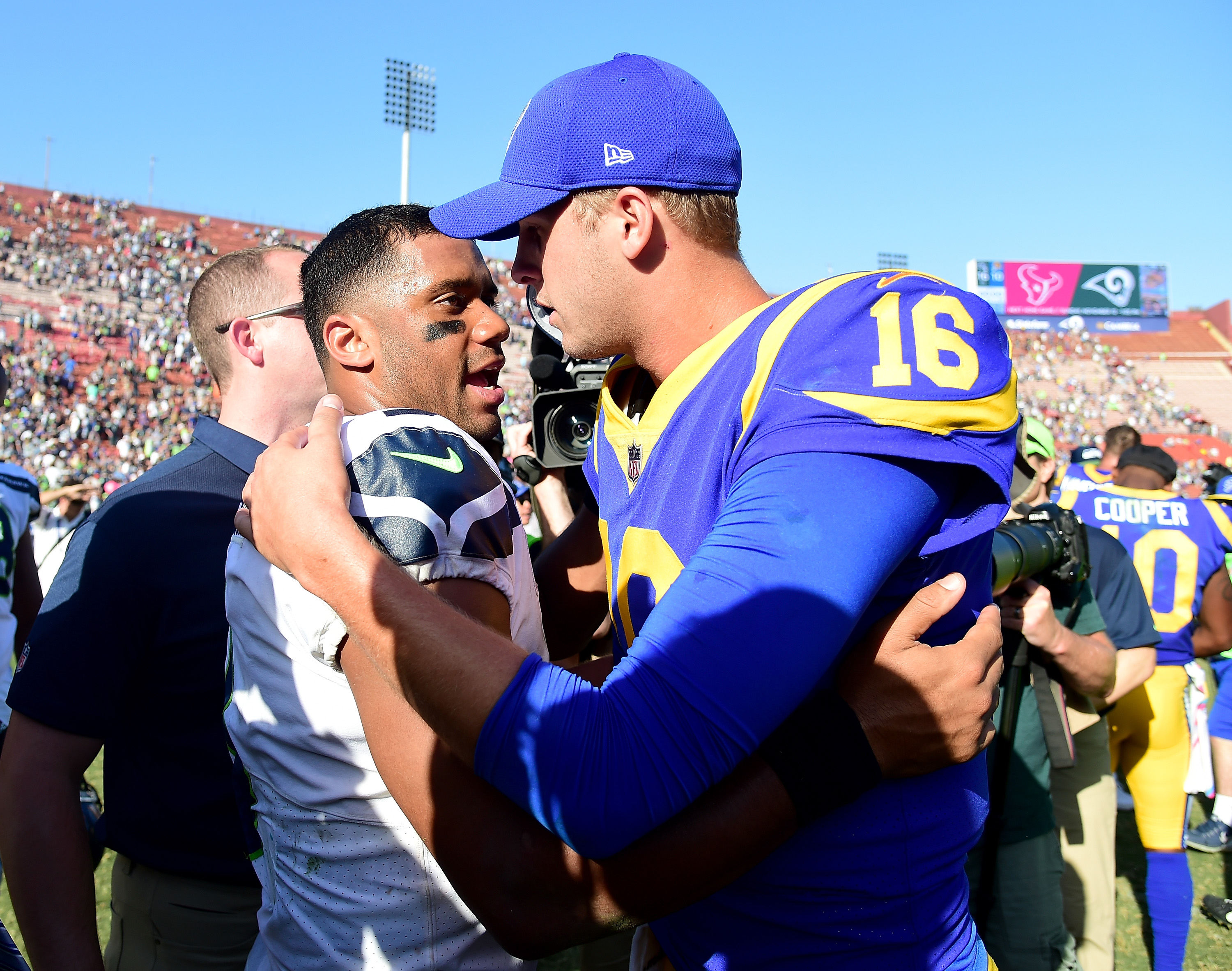 Seattle Seahawks QB Russell Wilson and Los Angeles Rams QB Jared Goff talk after the Seahawks beat the Rams, 16-10, Oct. 8, 2017.