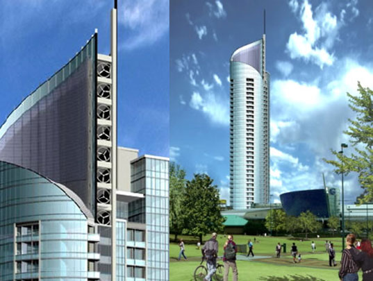 A tall skyscraper rendering. There is a park with trees and grass in front of the skyscraper.