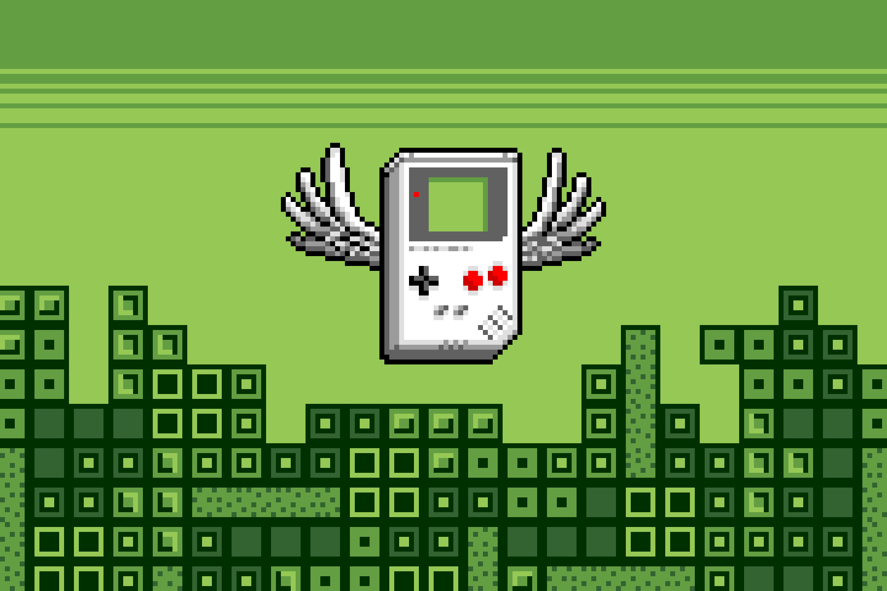 animation of Game Boy with wings flying above falling Tetris blocks