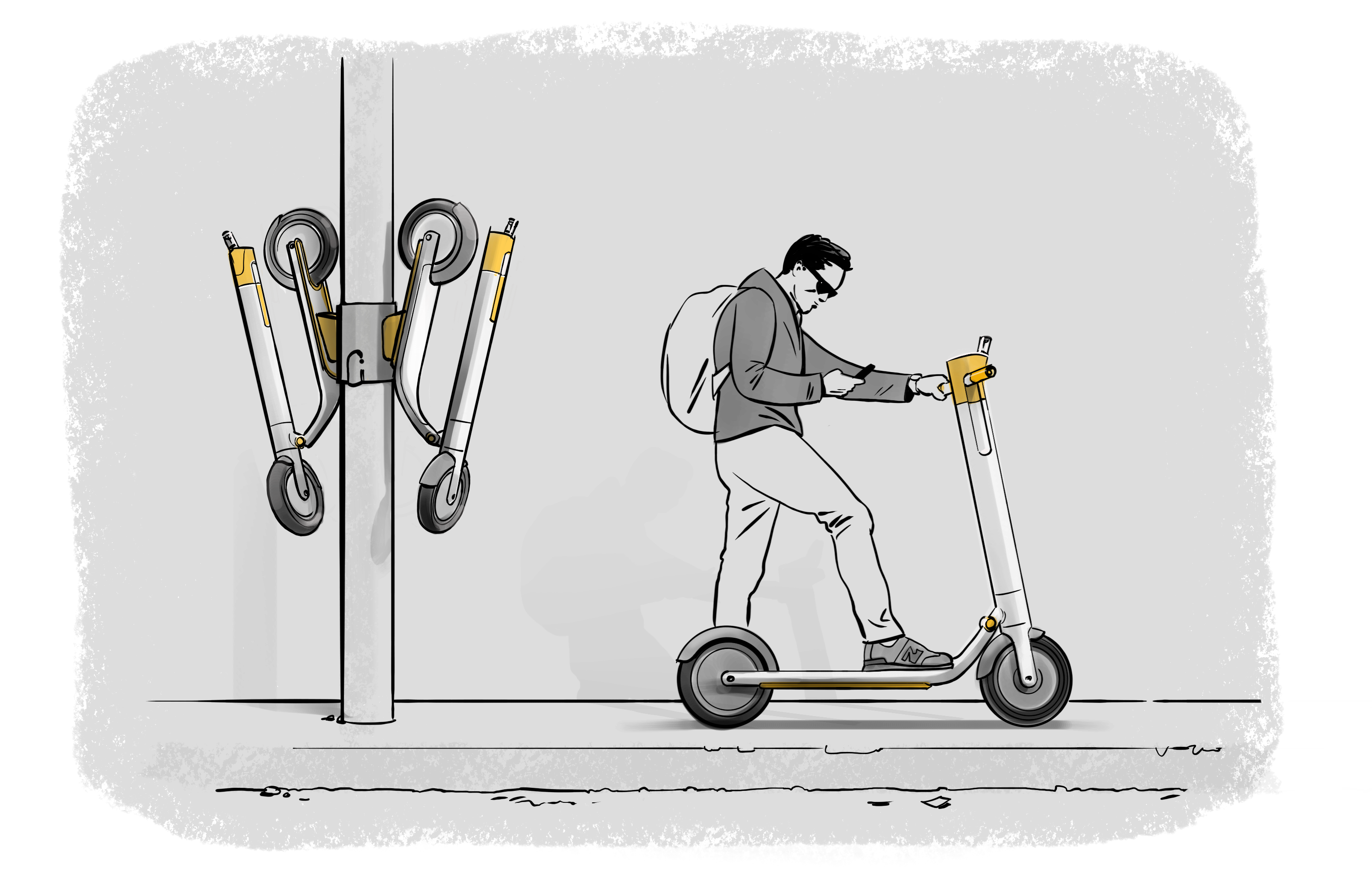 Illustration of light pole with fold-up scooters attached next to a man getting on a scooter