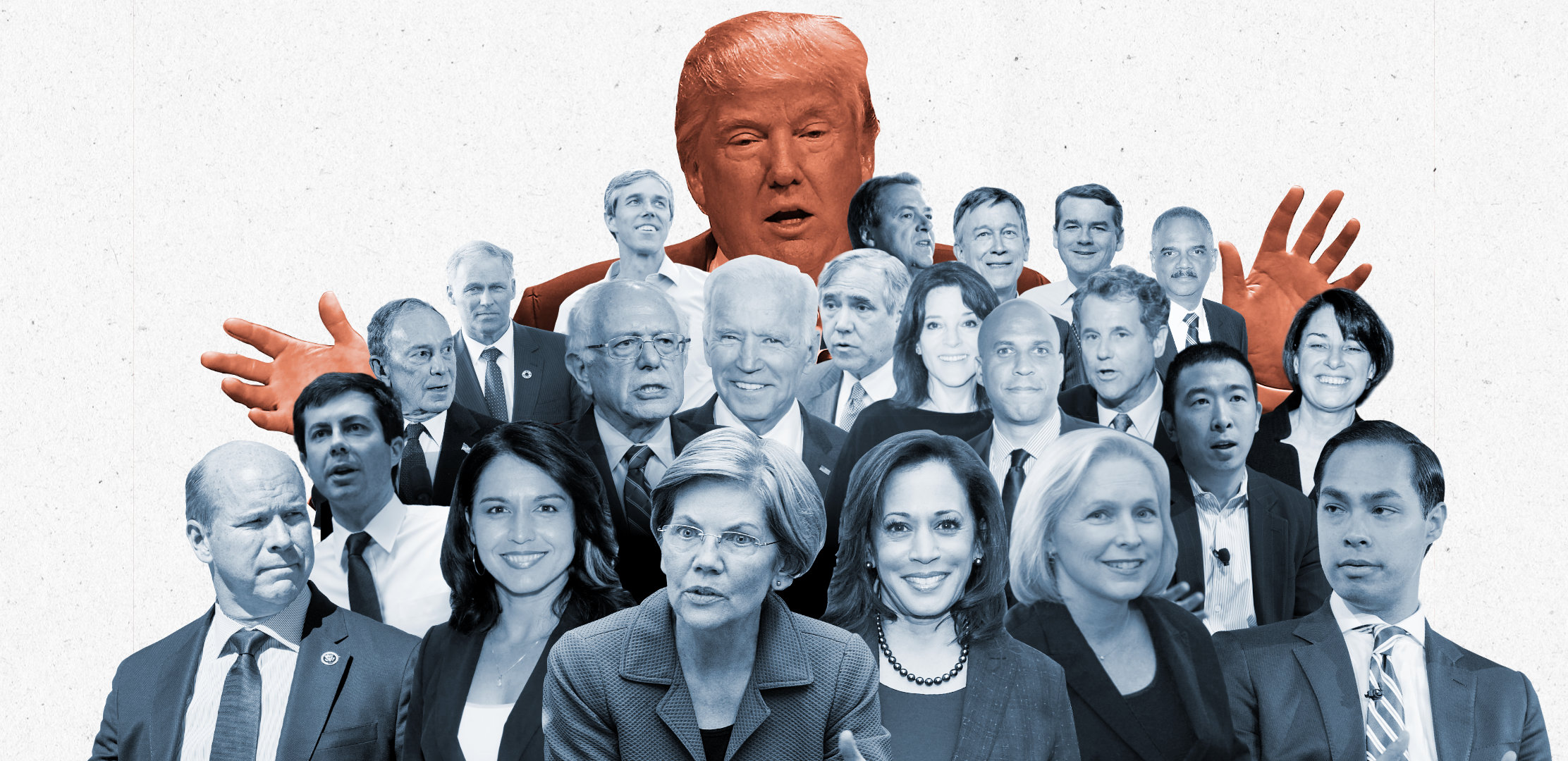 An illustration showing the faces of the Democratic presidential candidates in the 2020 election beneath President Donald Trump.
