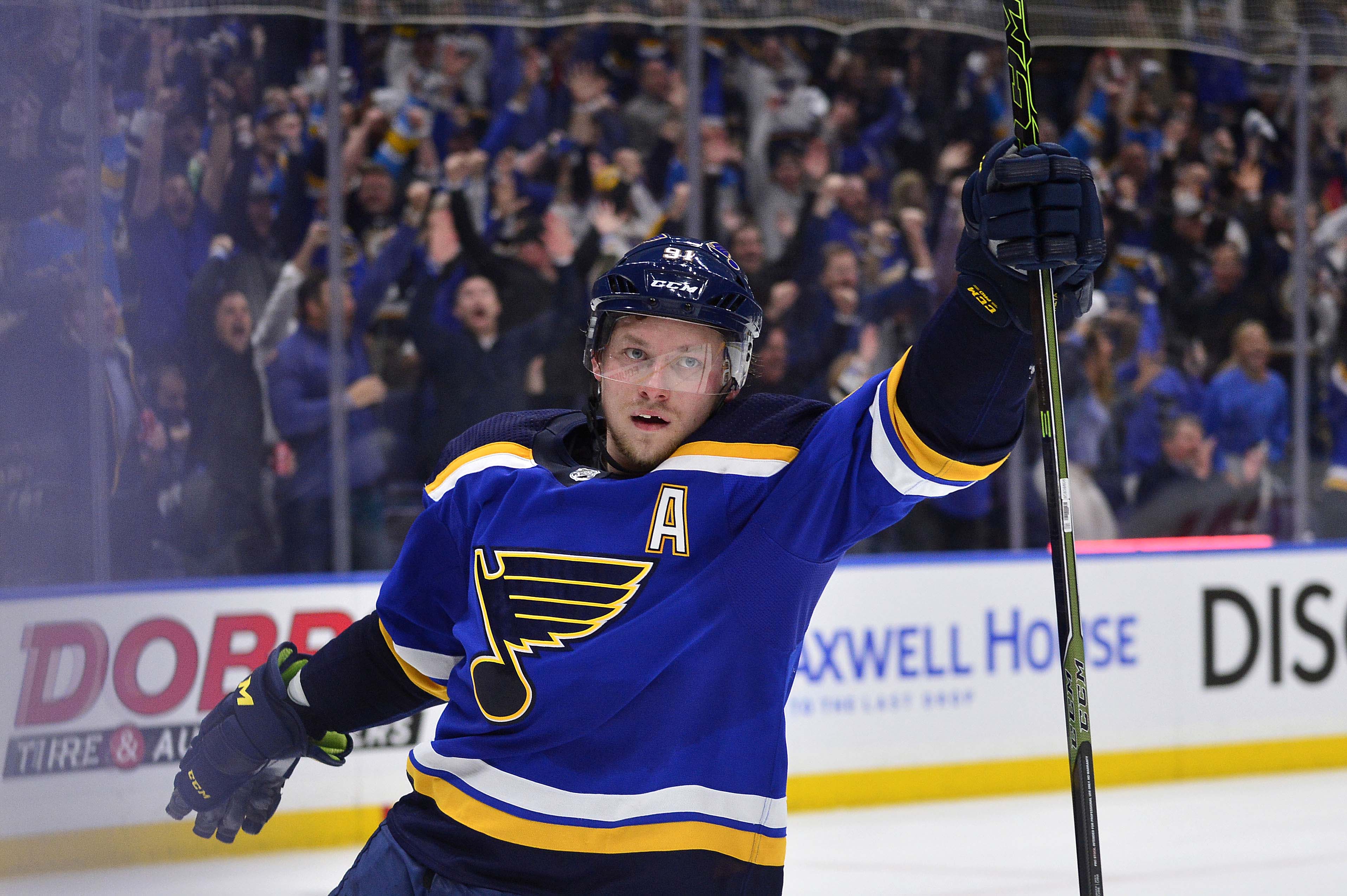 Apr 25, 2019; St. Louis, MO, USA; St. Louis Blues right wing Vladimir Tarasenko (91) celebrates after scoring against Dallas Stars goaltender Ben Bishop (not pictured) during the second period in game one of the second round of the 2019 Stanley Cup Playof