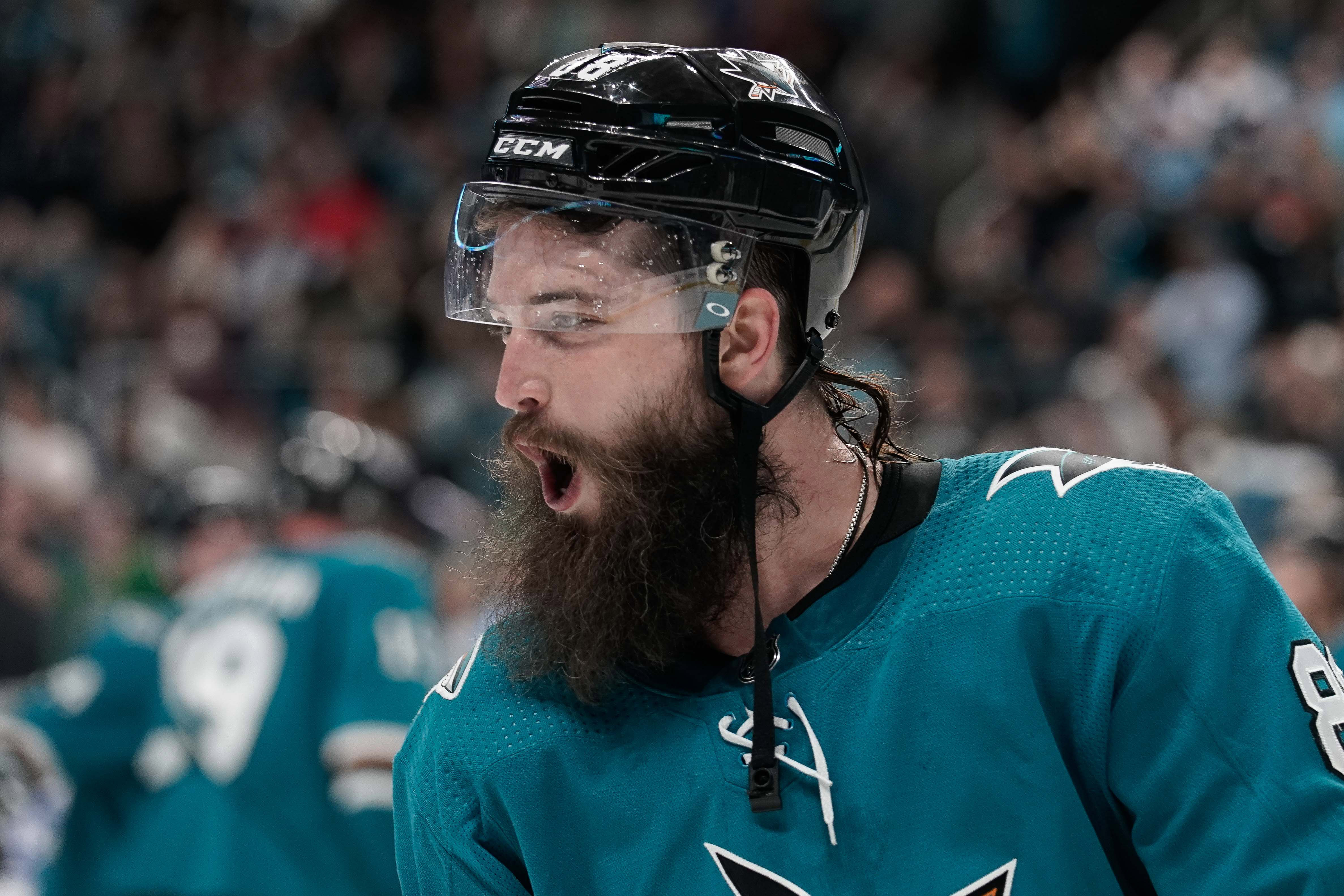 San Jose Sharks defenseman Brent Burns (88) celebrates after defeating the Vegas Golden Knights during overtime in game seven of the first round of the 2019 Stanley Cup Playoffs at SAP Center at San Jose.