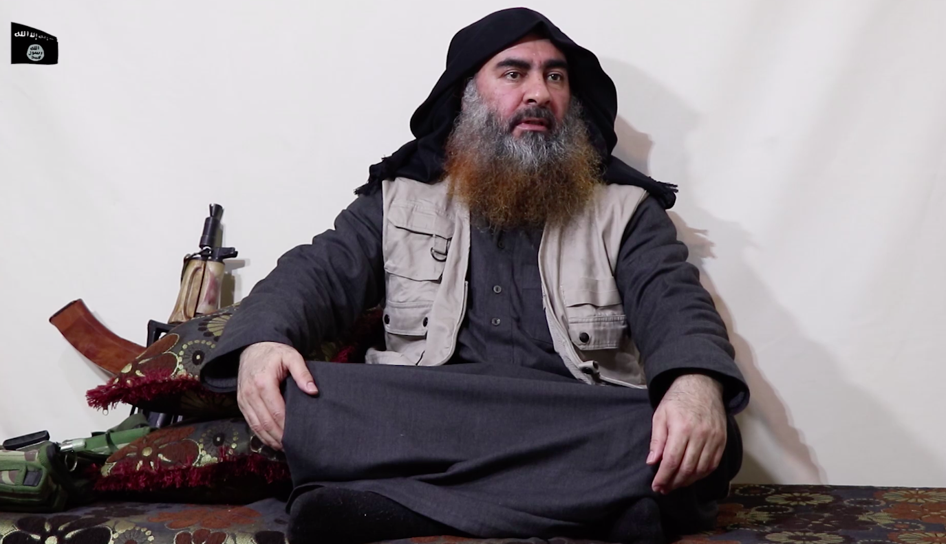 ISIS leader Abu Bakr al-Baghdadi addresses followers in this screenshot taken from a video released by ISIS’s al-Furqan Media on April 29, 2019.