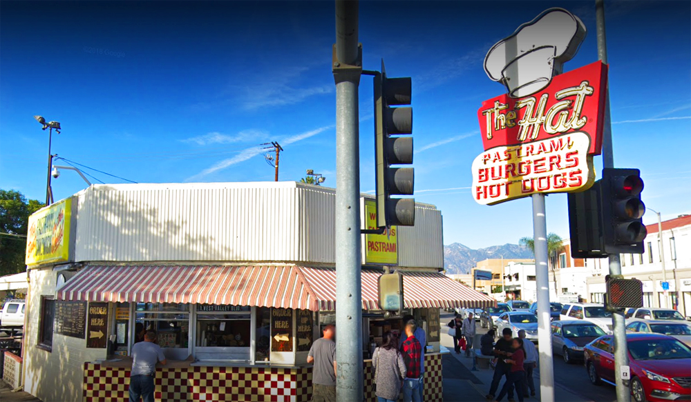 Exterior of the 68-year old, walk up Alhambra, California location of The Hat and its famous pastrami sandwich.
