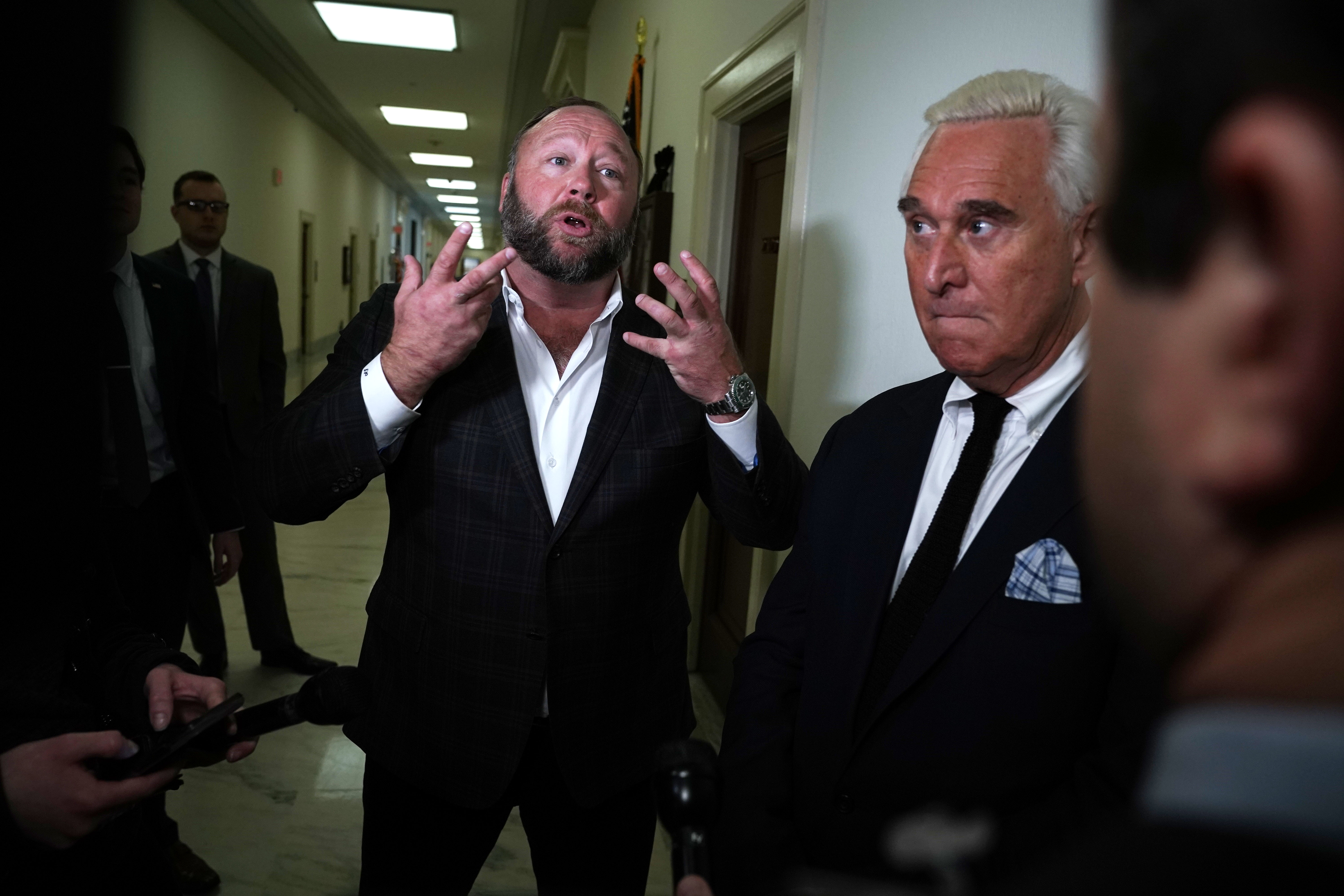 Conspiracy theorist Alex Jones and longtime Trump adviser Roger Stone on Capitol Hill in December 2018.