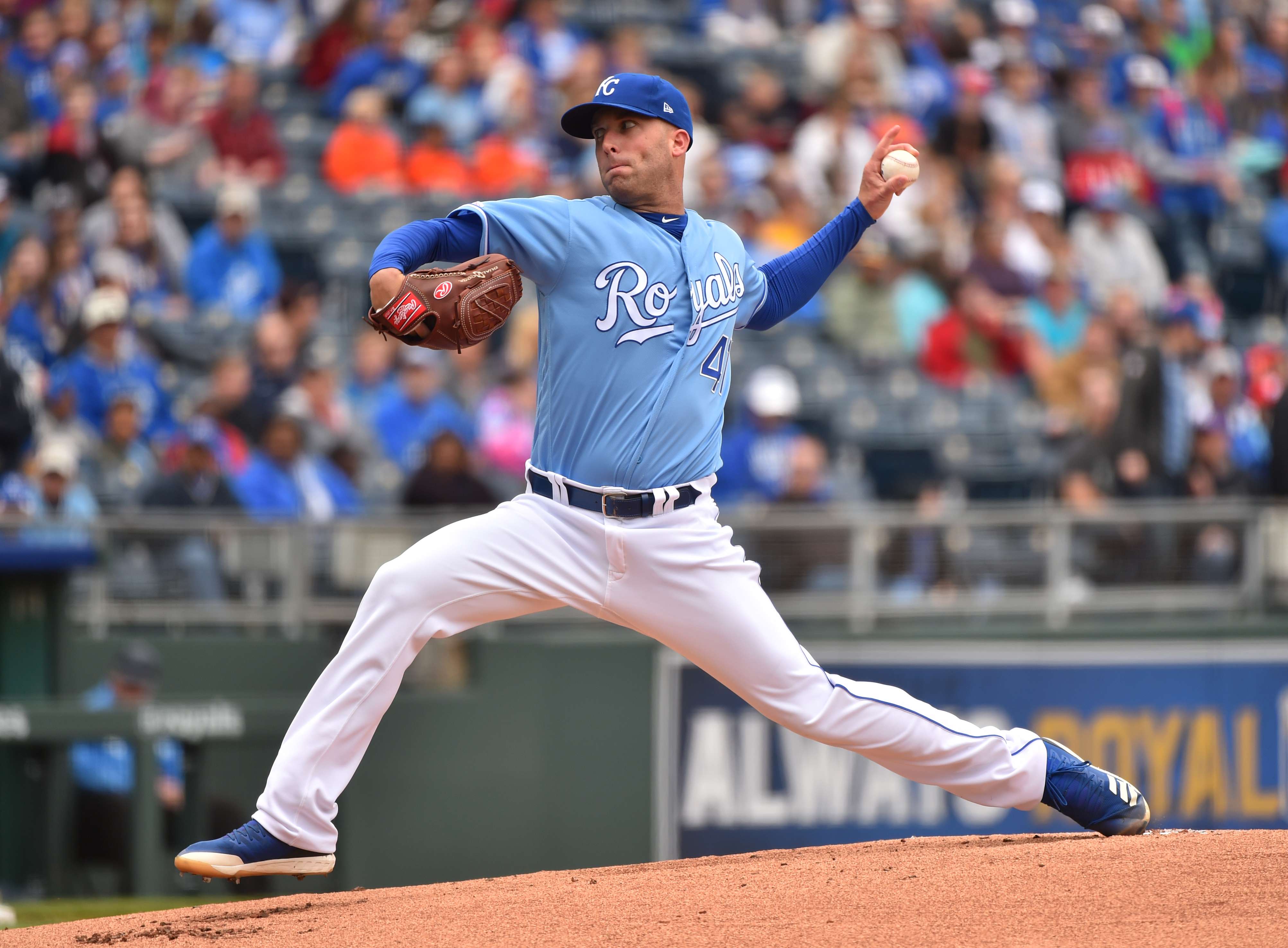 Starting pitcher Danny Duffy #41 of the Kansas City Royals throws in the first inning against the Tampa Bay Rays at Kauffman Stadium on May 02, 2019 in Kansas City, Missouri.
