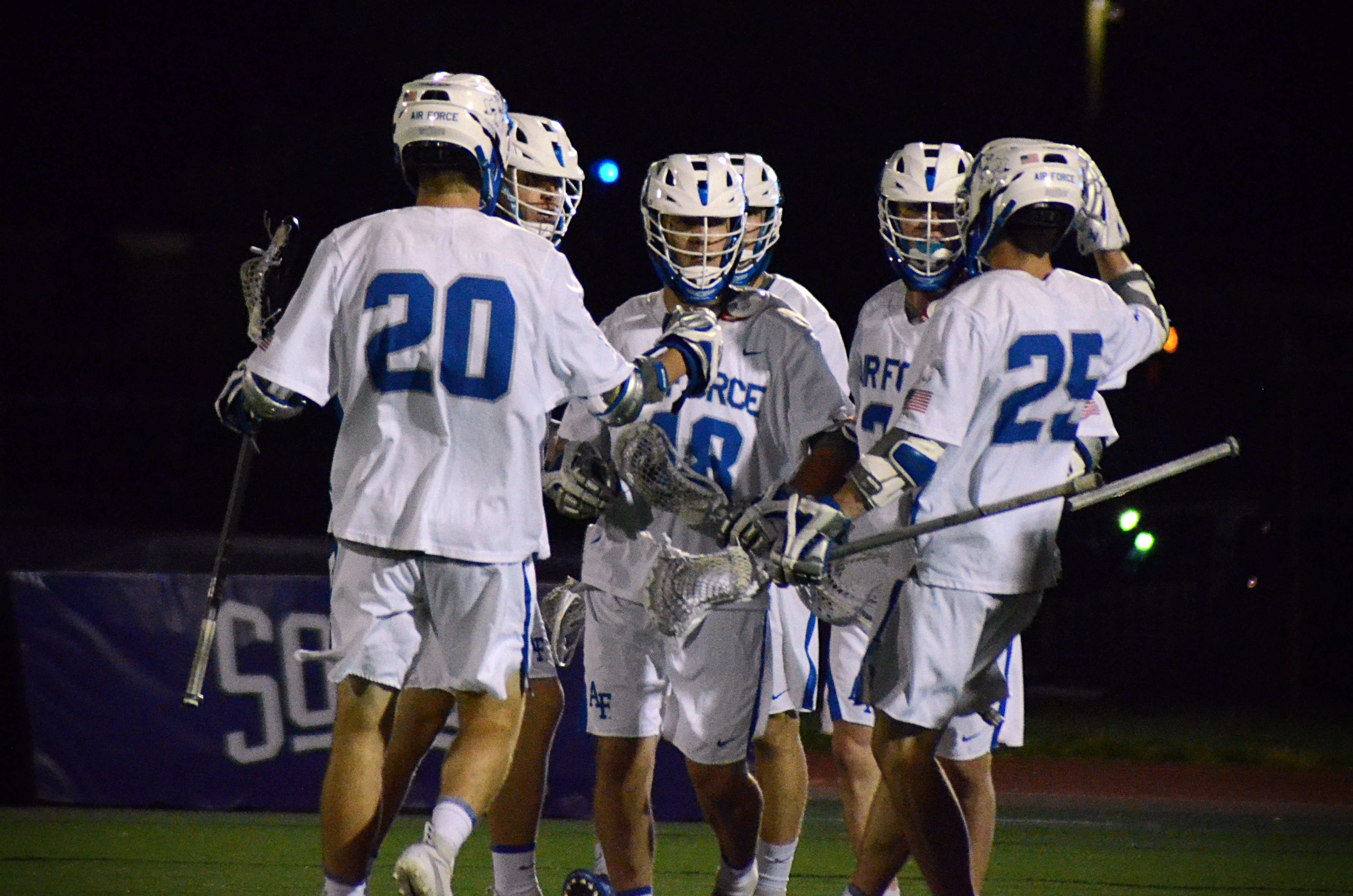 Air Force players celebrate after scoring against Richmond on Thursday, May 2, 2019 in High Point, N.C. at the SoCon Championships.
